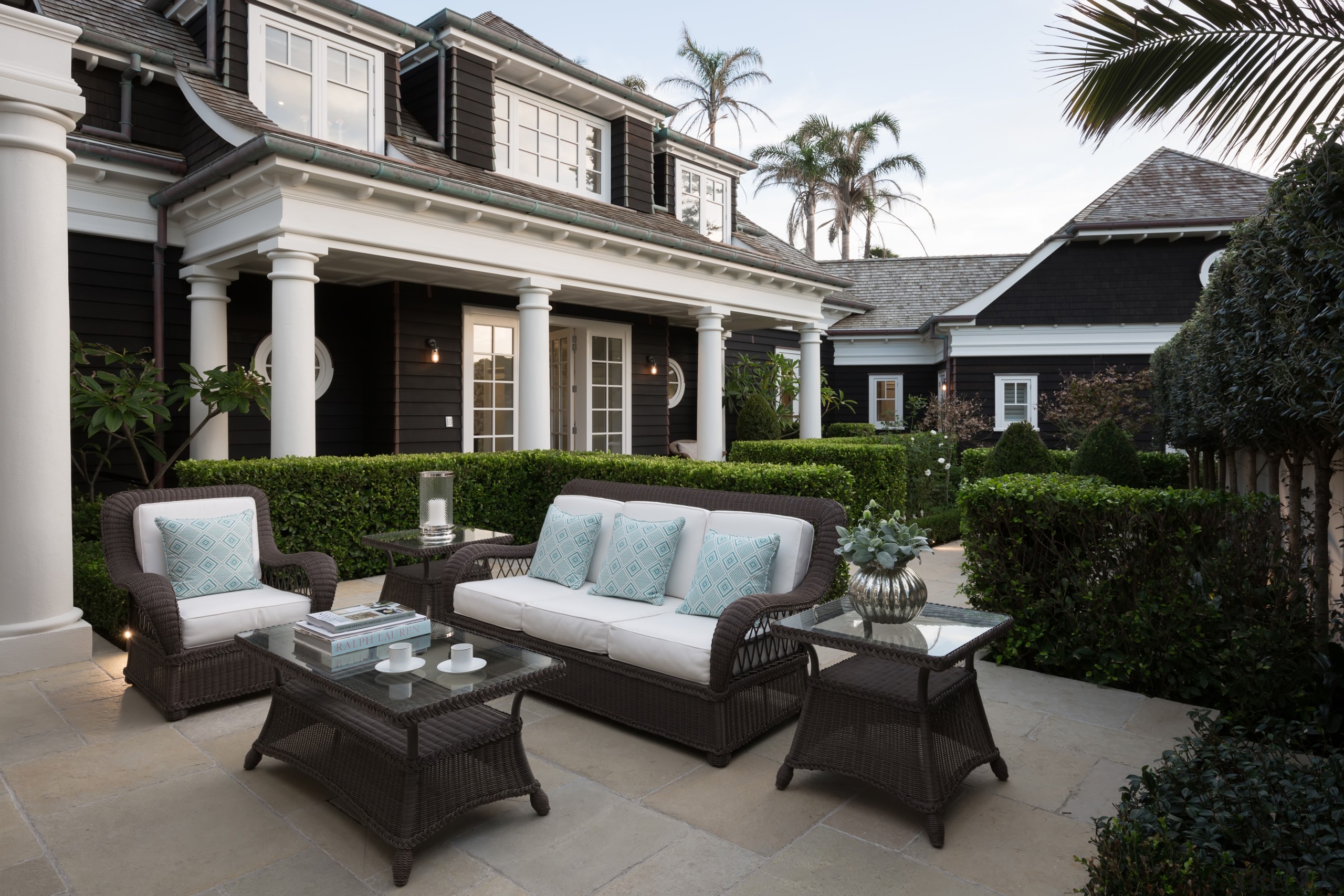 Formal gardens by Robin Shaffer set off this backyard, courtyard, estate, furniture, home, house, interior design, luxury vehicle, outdoor structure, patio, property, real estate, window, black, gray