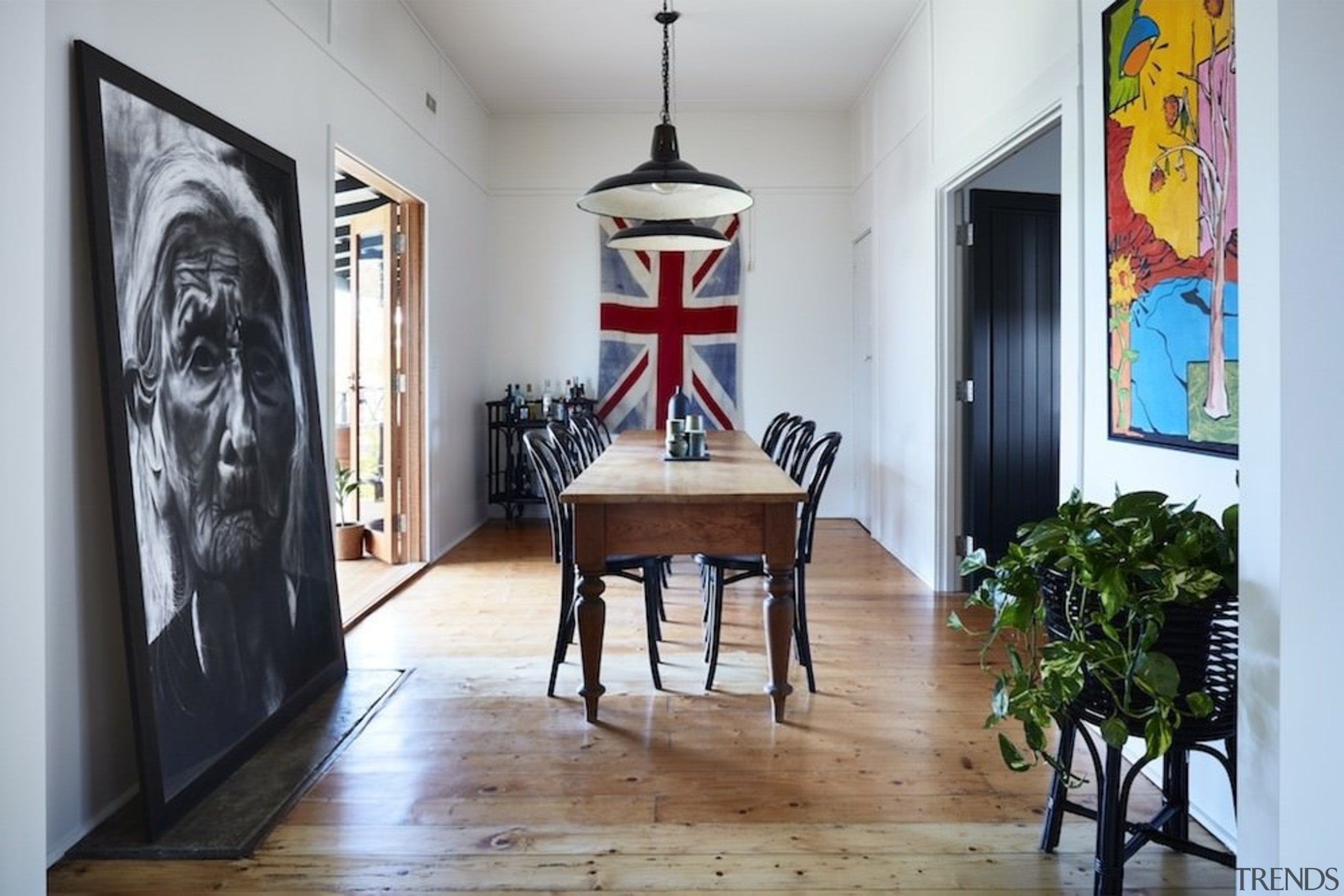 Much of the original home remains, including the ceiling, dining room, floor, flooring, furniture, home, interior design, property, room, table, wall, gray