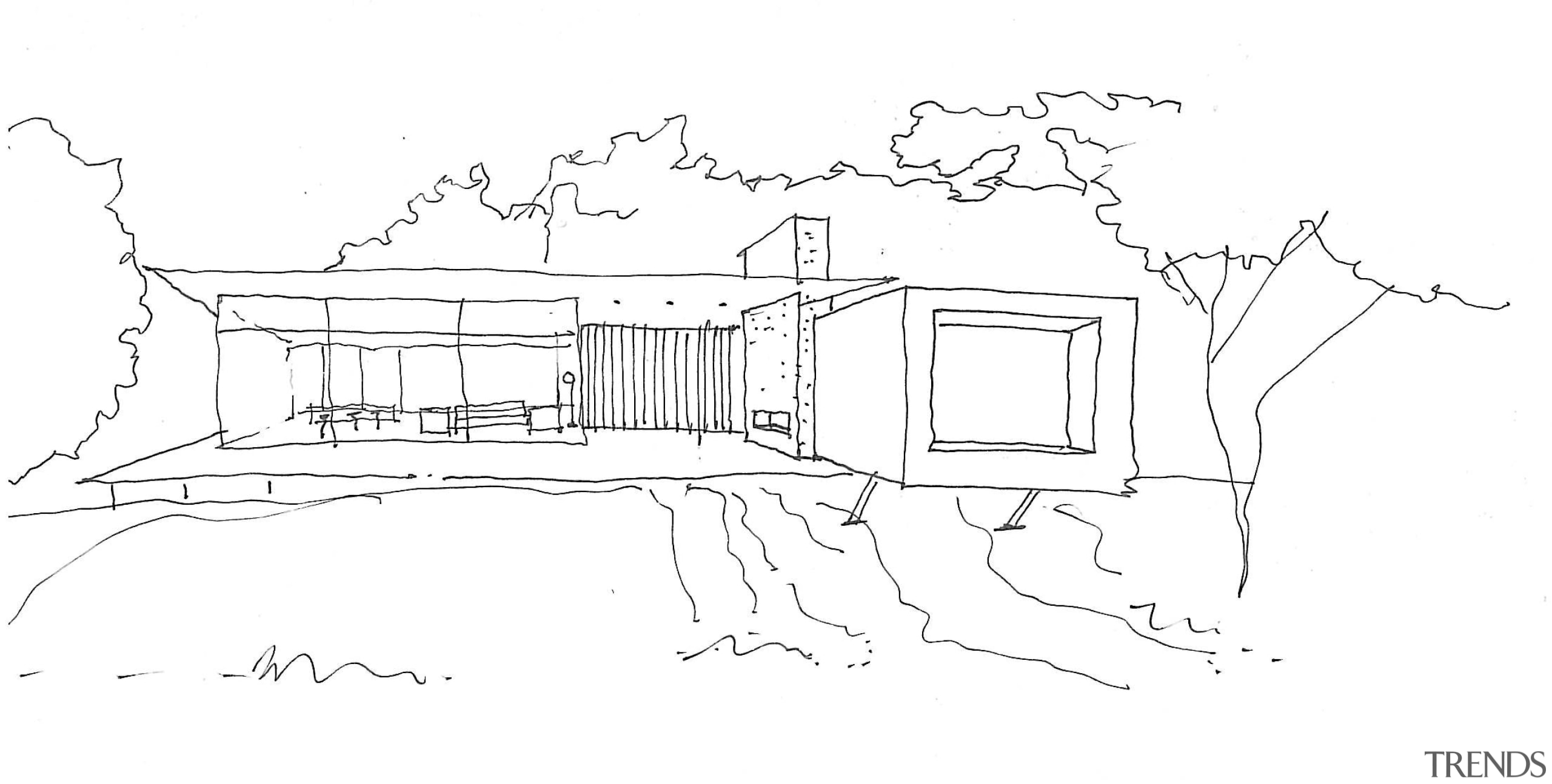 Floor plan of contemporary home surrounded by trees. angle, area, artwork, black and white, design, drawing, home, line, line art, product design, sketch, structure, white