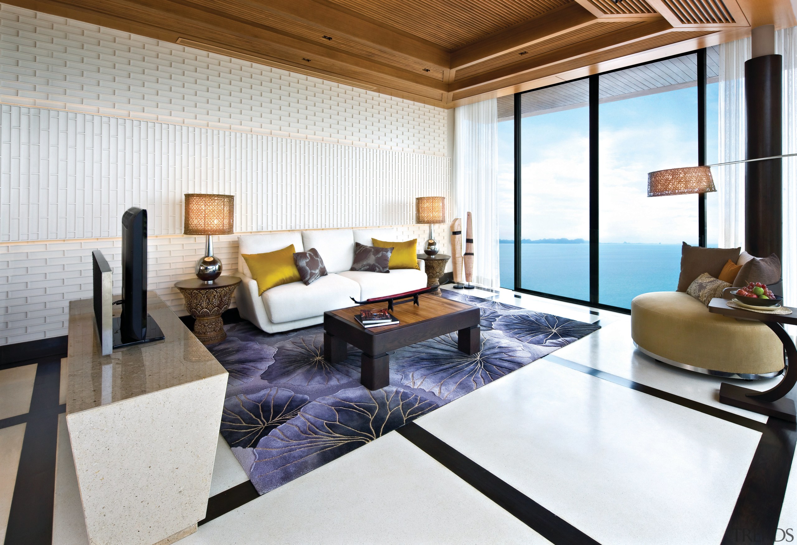 View of contemporary resort with European/Thai-style furniture, sliding ceiling, interior design, living room, real estate, room, suite, white