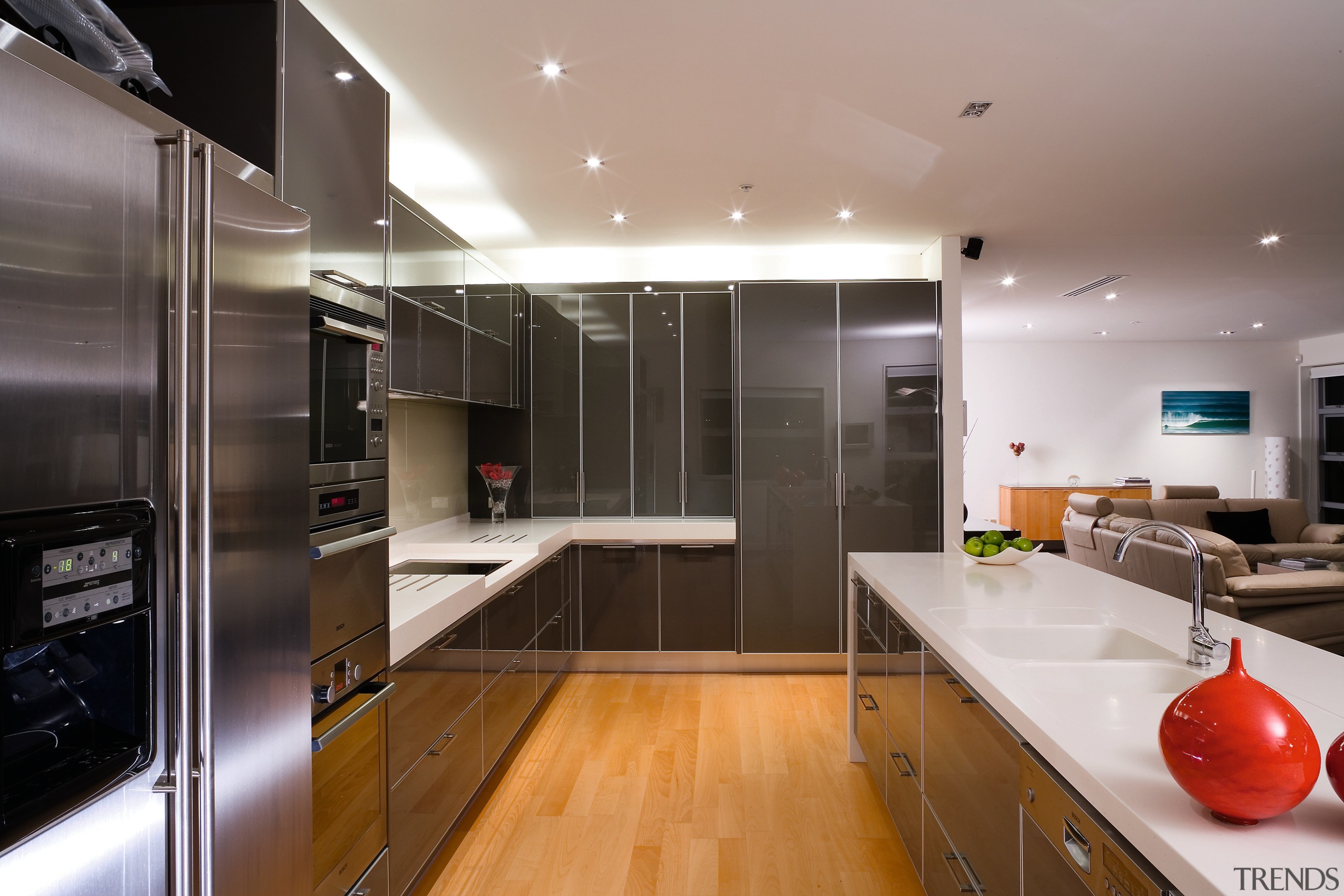 A view of the kitchen, wooden flooring, cabinetry, cabinetry, countertop, interior design, kitchen, real estate, room, gray, black