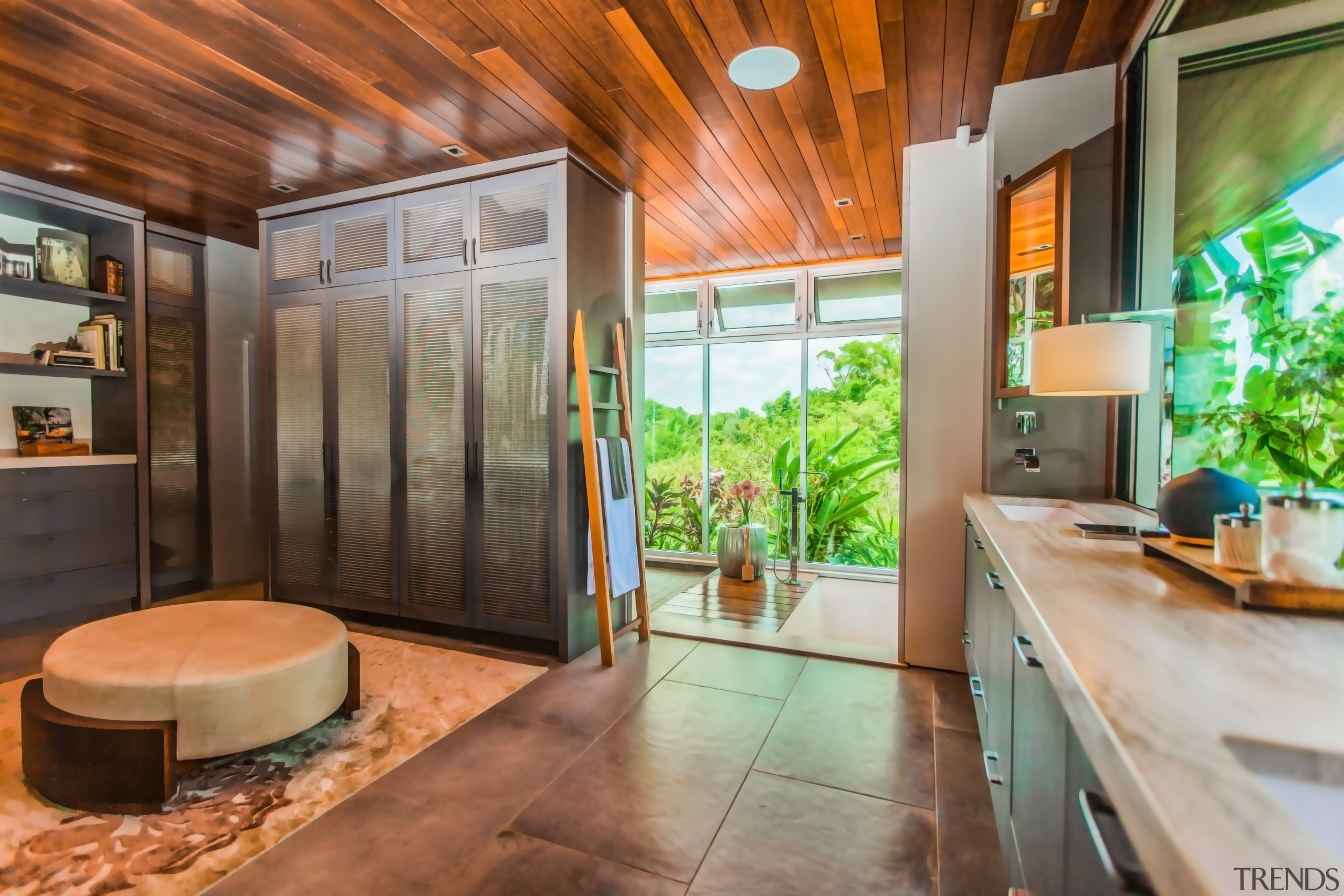 Given the moist tropical setting, stainless steel mesh architecture, bathroom, building, ceiling, estate, floor, furniture, home, house, interior design, property, real estate, room, brown, gray