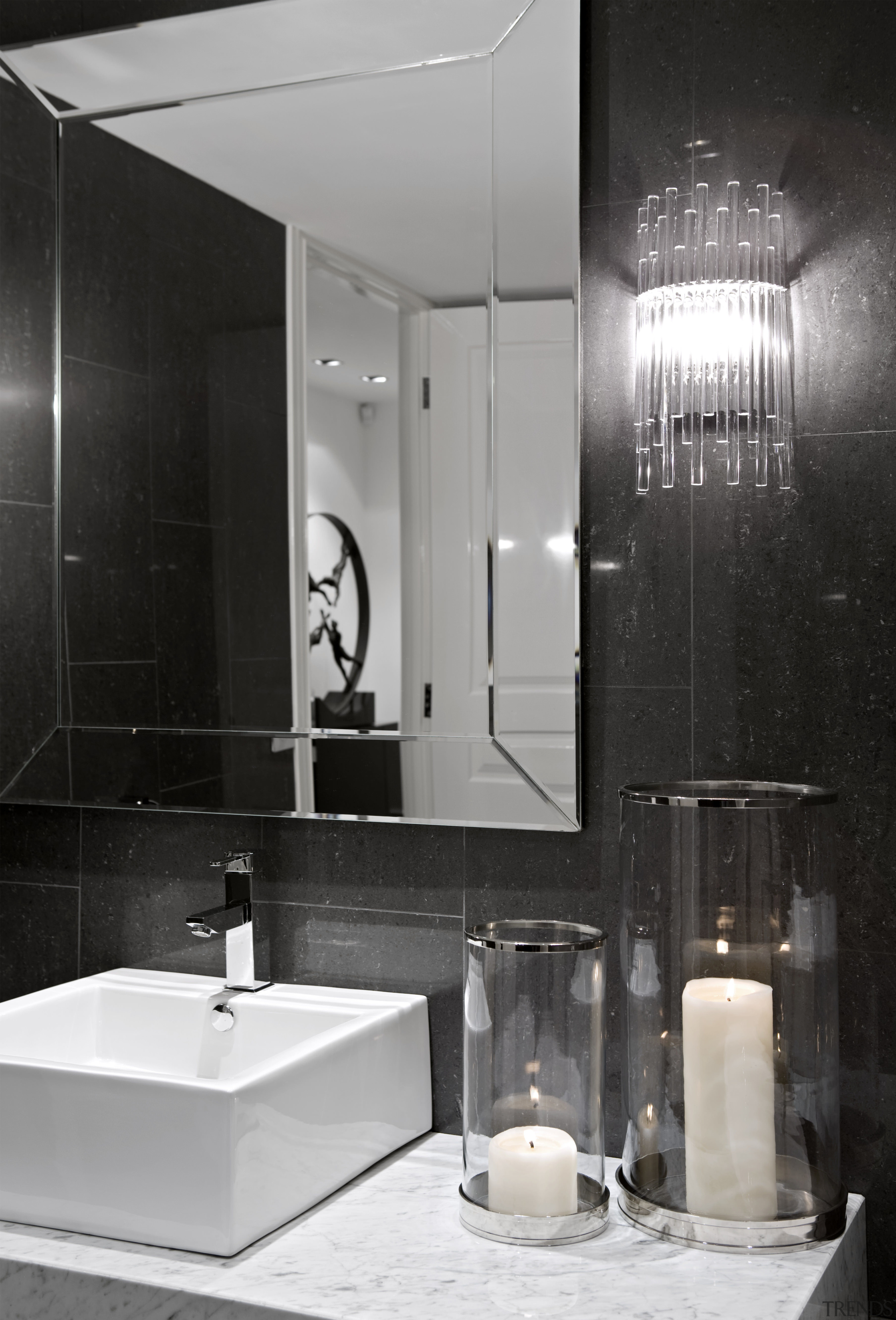 Image of bathroom featuring vanity, basin, tapware, bathtub, bathroom, ceiling, floor, glass, interior design, plumbing fixture, product design, room, sink, tap, black, gray