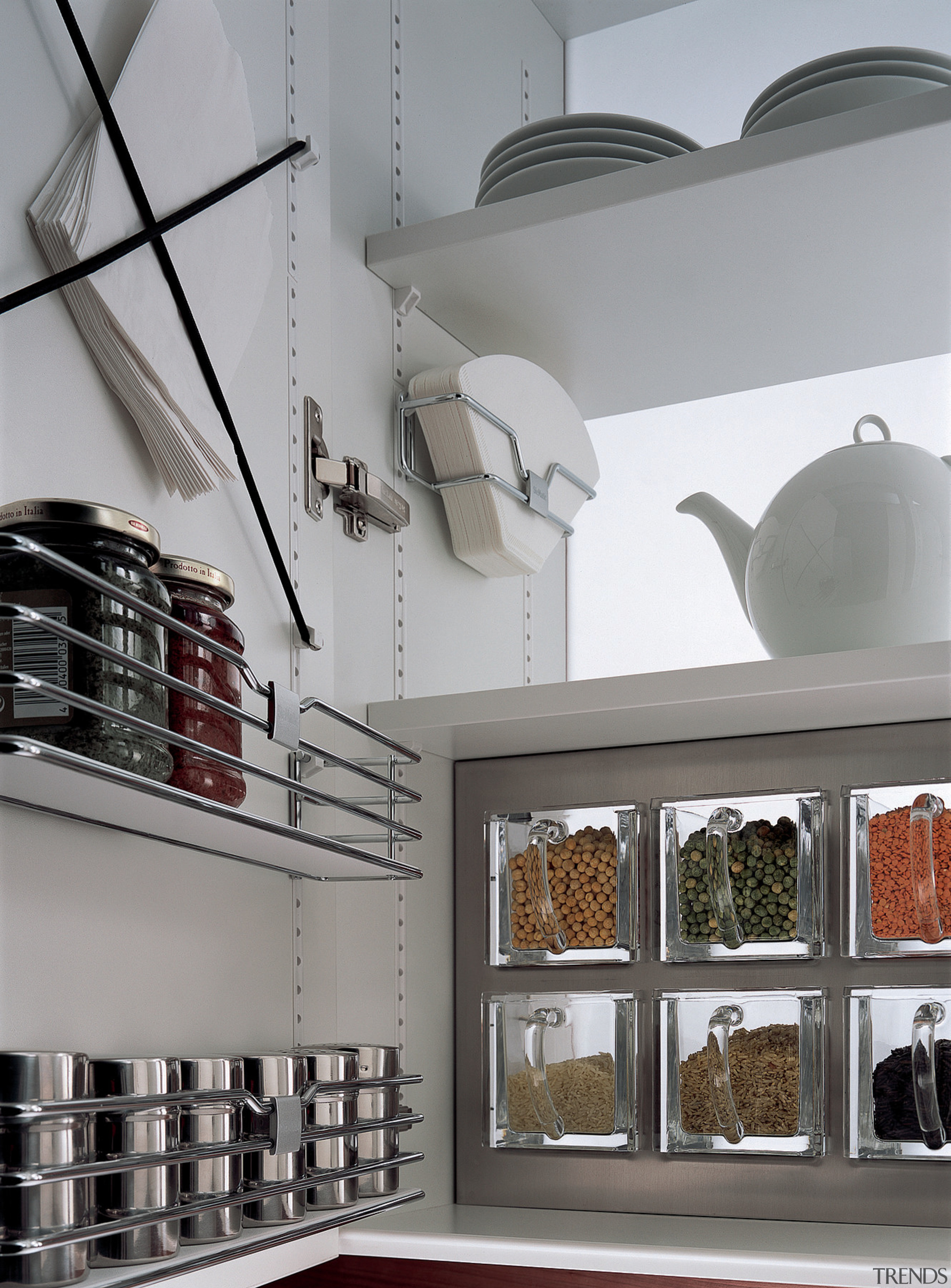 View of kitchen which features innovative storage solutions ceiling, furniture, interior design, product design, shelf, shelving, gray