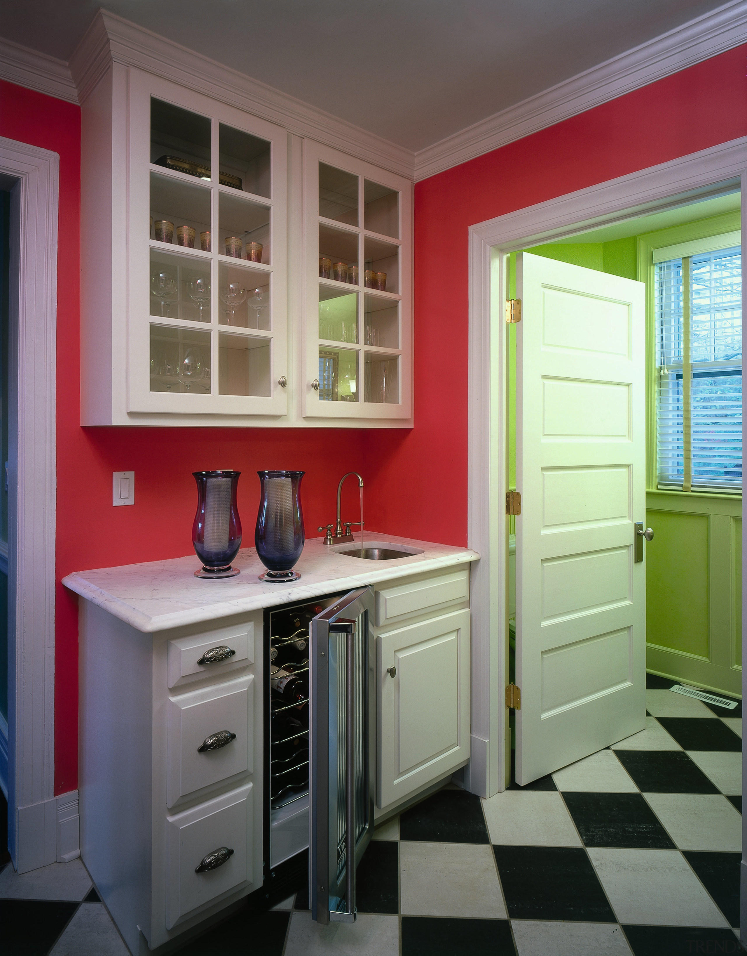 Bold color scheme.  This is the butler's cabinetry, countertop, floor, furniture, home, interior design, kitchen, room, window, gray