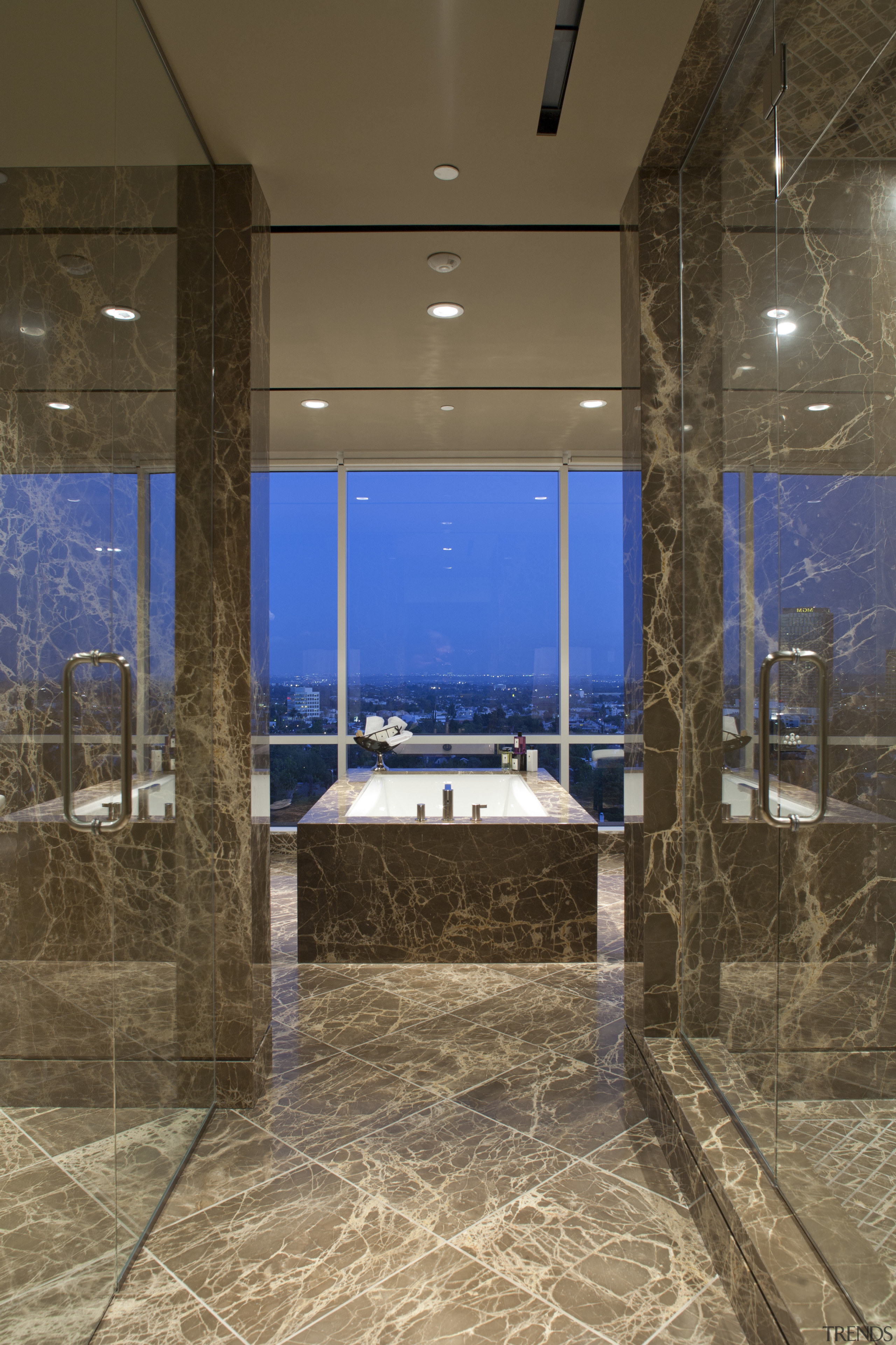 This master suite was designed by Jon Kreuger architecture, bathroom, ceiling, daylighting, estate, floor, flooring, glass, home, interior design, real estate, room, tile, wall, window, brown