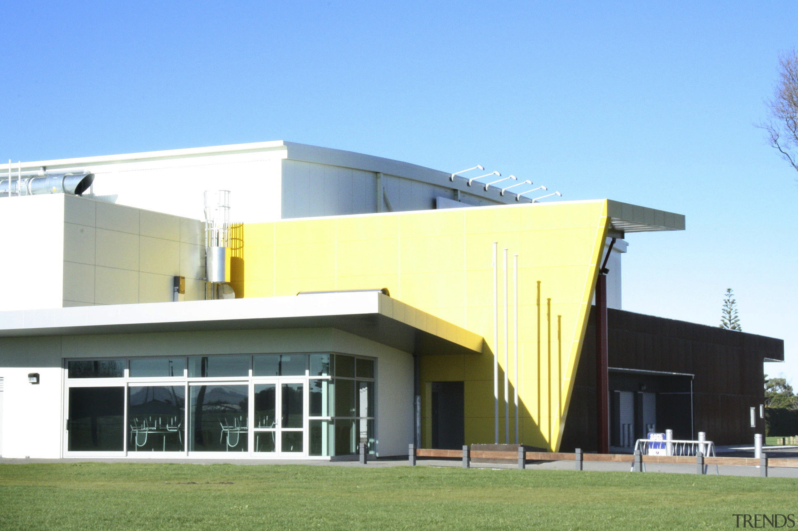 View of the TSB sports hub in Hawera, architecture, building, commercial building, corporate headquarters, elevation, facade, house, real estate, teal