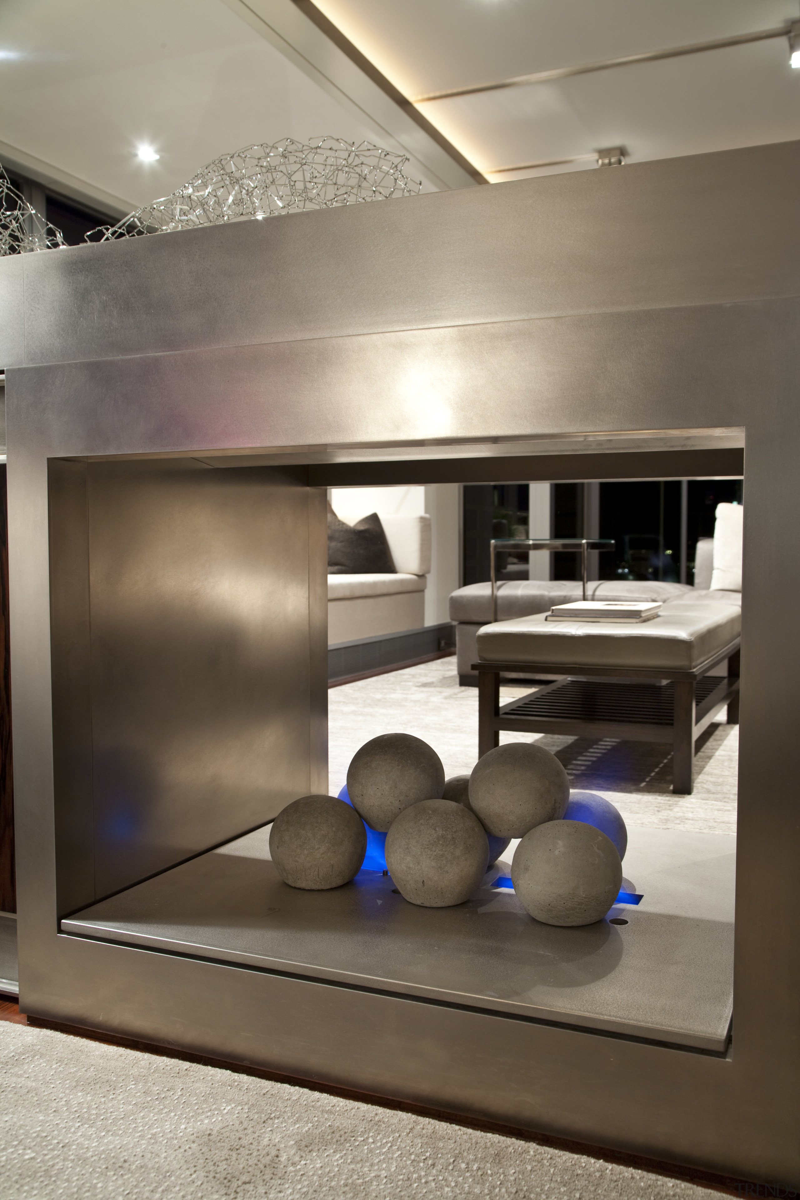 View of custom designed fireplace by Garret Cord ceiling, furniture, interior design, product design, table, gray, brown