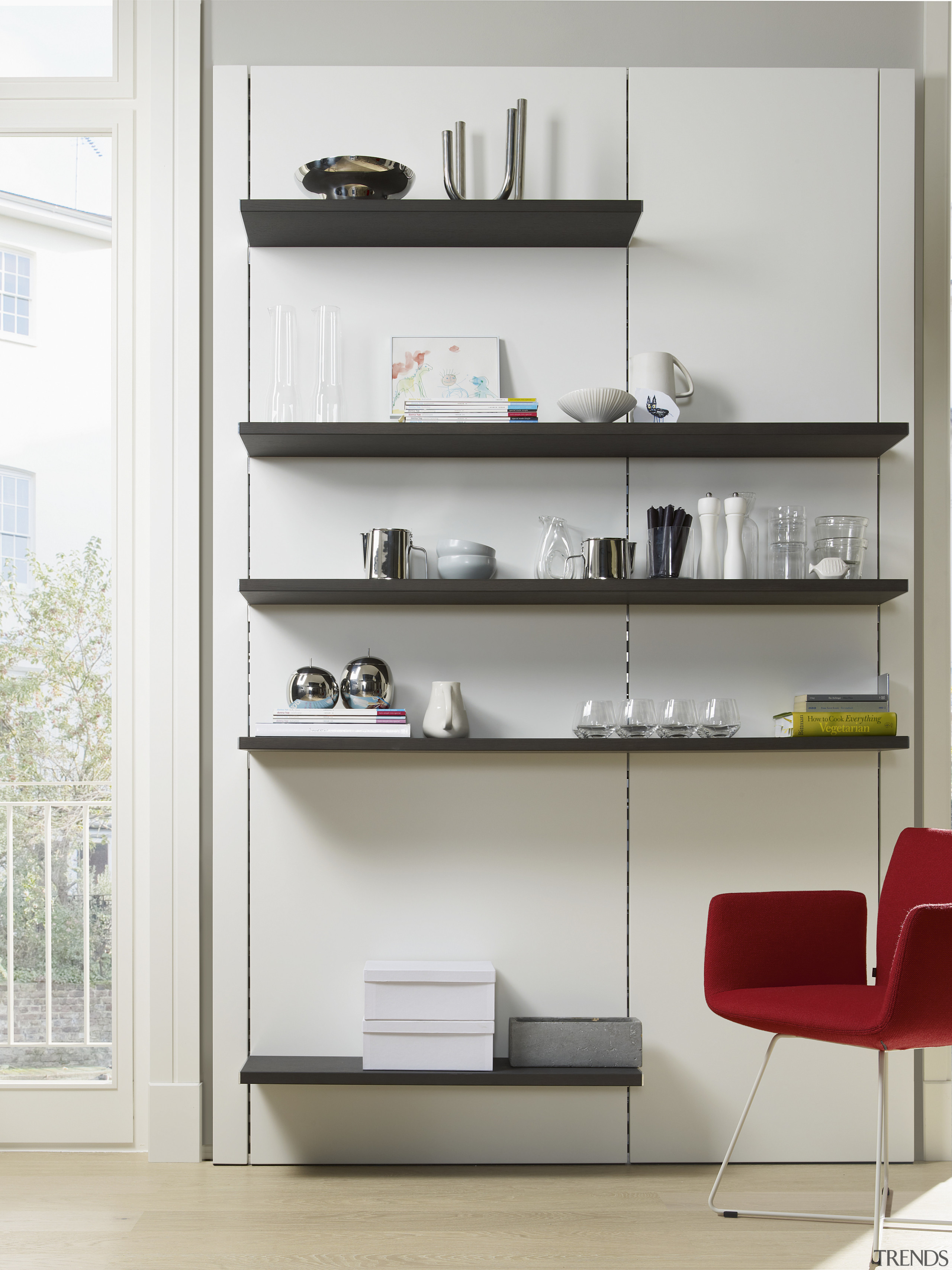 Photography of the "FloatingSpaces" system by SieMatic. bookcase, chest of drawers, display case, furniture, product, product design, shelf, shelving, white