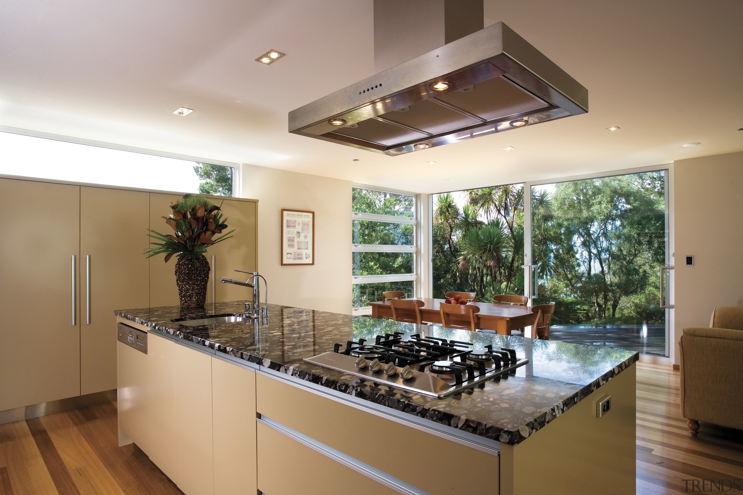 A view of this kitchen featuring polished timber ceiling, countertop, estate, interior design, kitchen, real estate, room, window, brown, gray