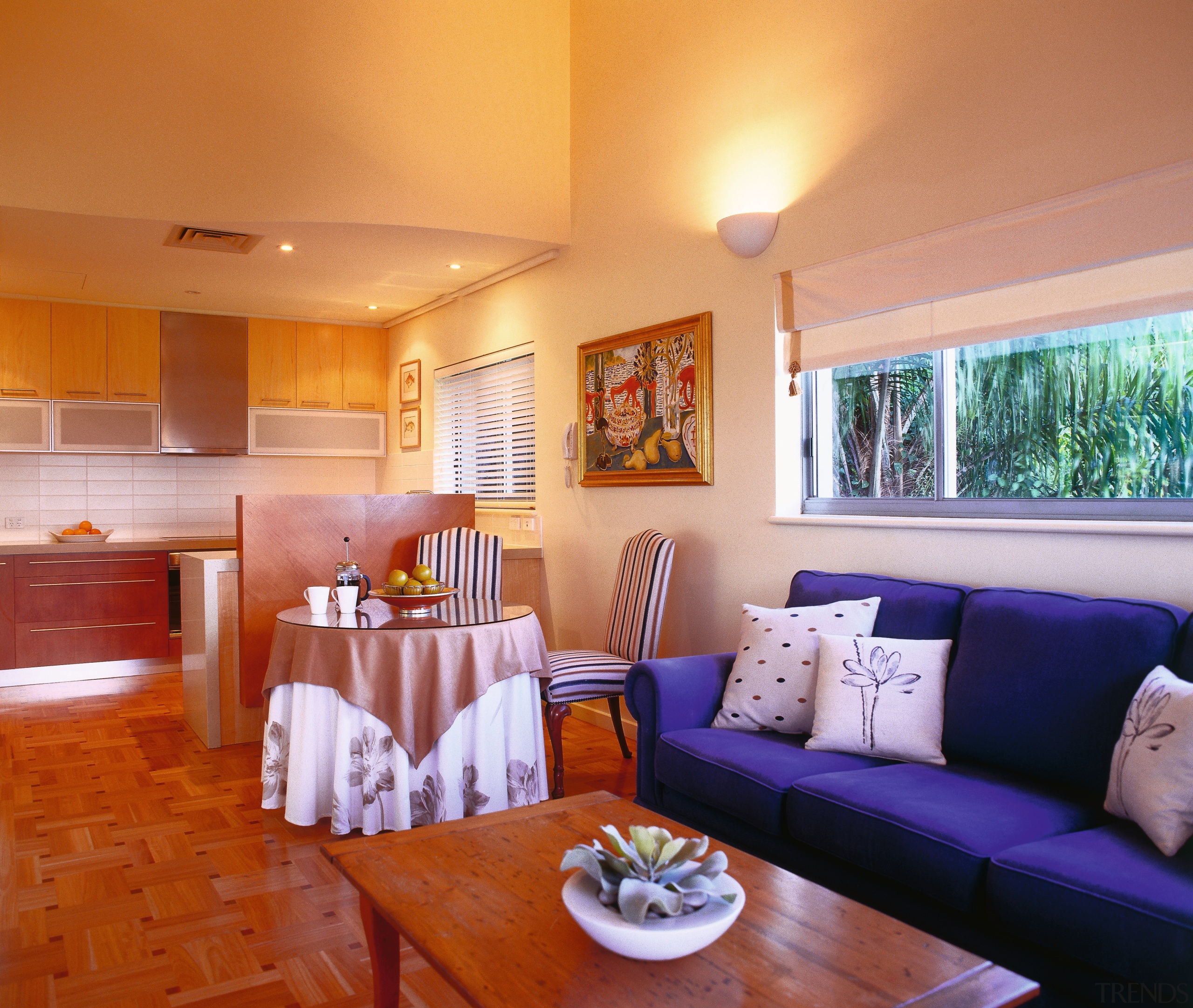 View of the kitchen featuring parquetry T&amp;G flooring, ceiling, home, interior design, living room, property, real estate, room, orange