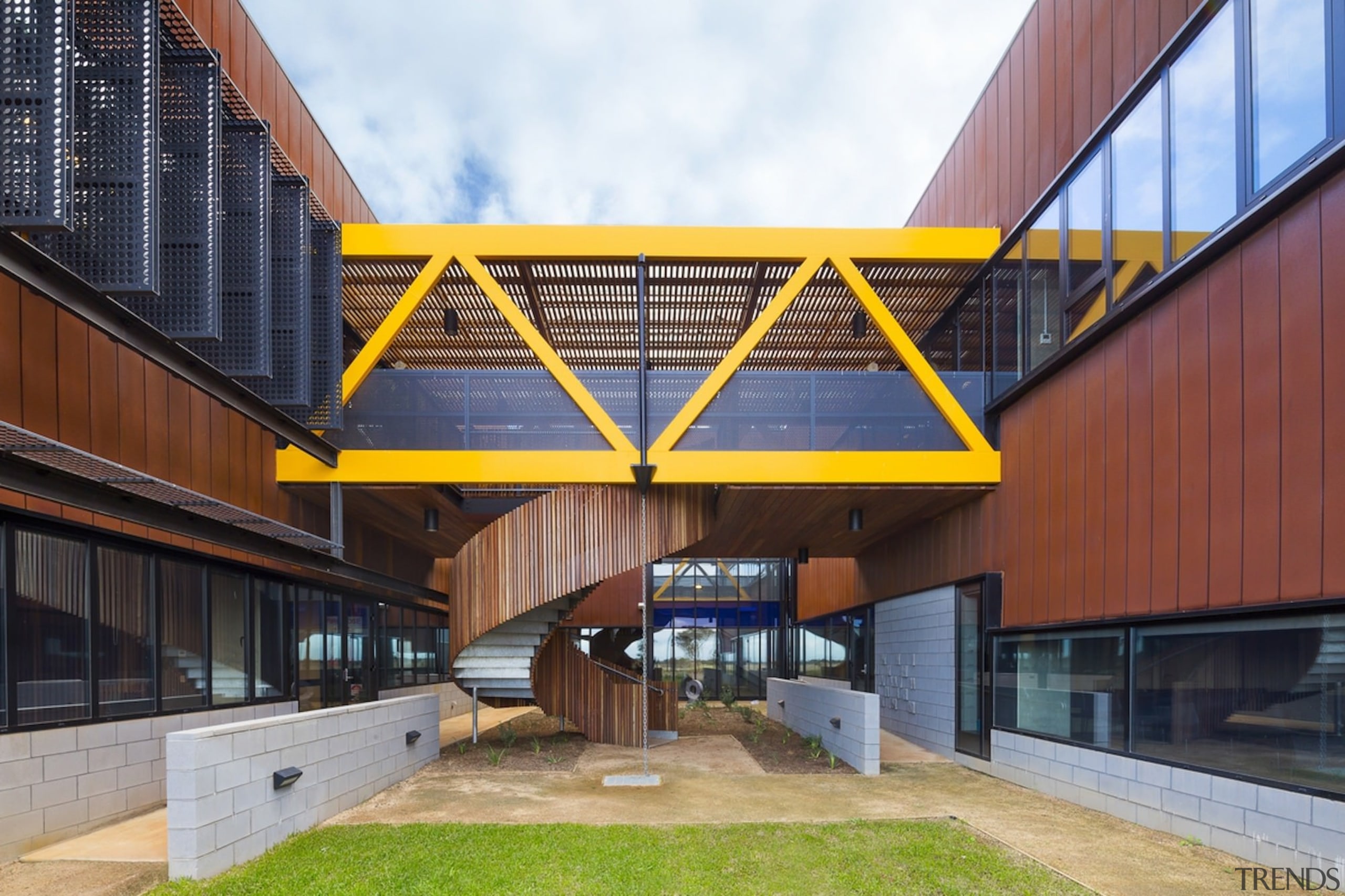 A striking access way connects two parts of architecture, building, commercial building, daylighting, facade, leisure centre, real estate, residential area, roof, structure, black