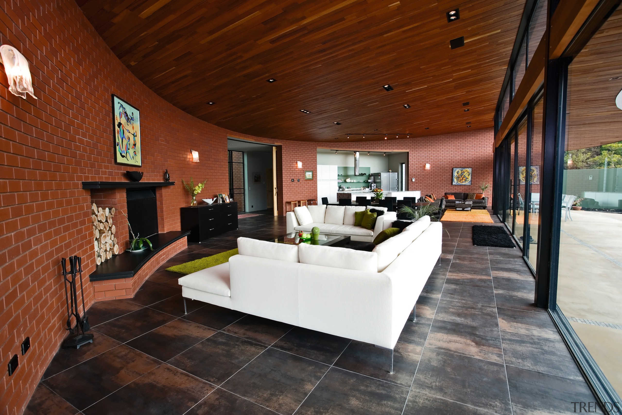 A view of some bricks from Midland Brick. architecture, ceiling, estate, floor, flooring, home, house, interior design, living room, lobby, real estate, wood, brown