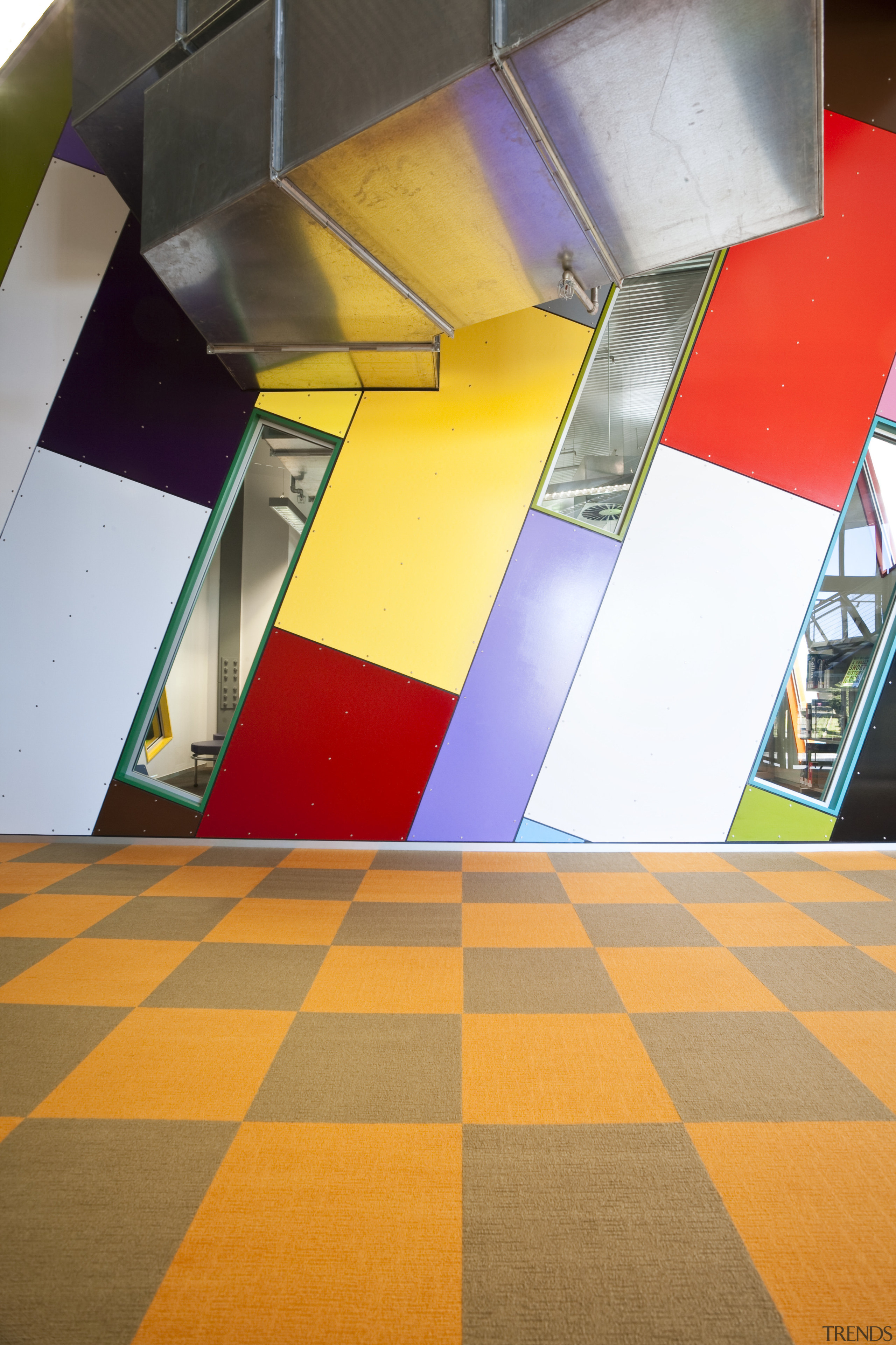 View of the colourful interior - View of angle, architecture, daylighting, design, floor, flooring, light, line, red, wall, yellow, orange