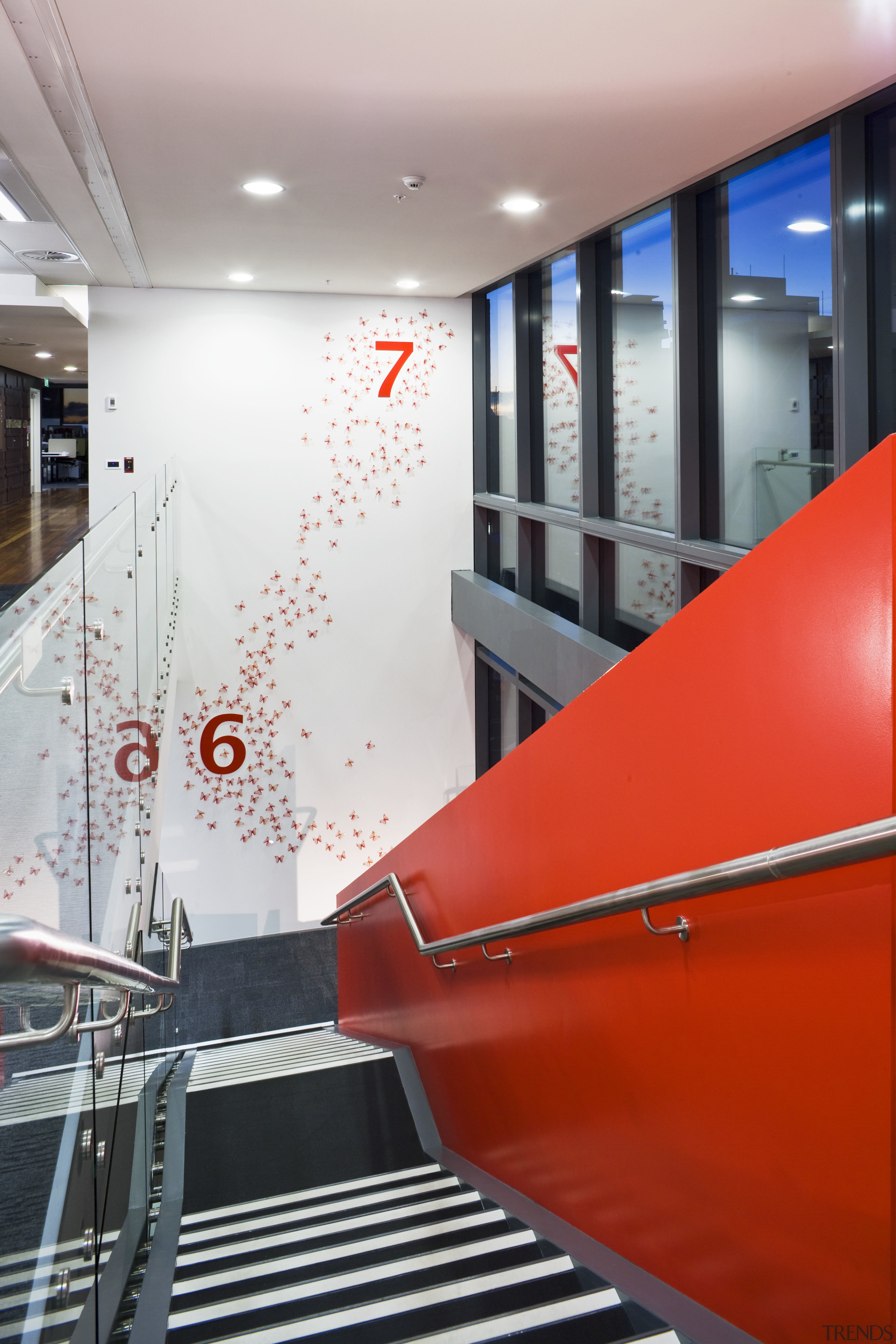 View of red stairway that zigzags up the architecture, ceiling, design, glass, interior design, gray, red