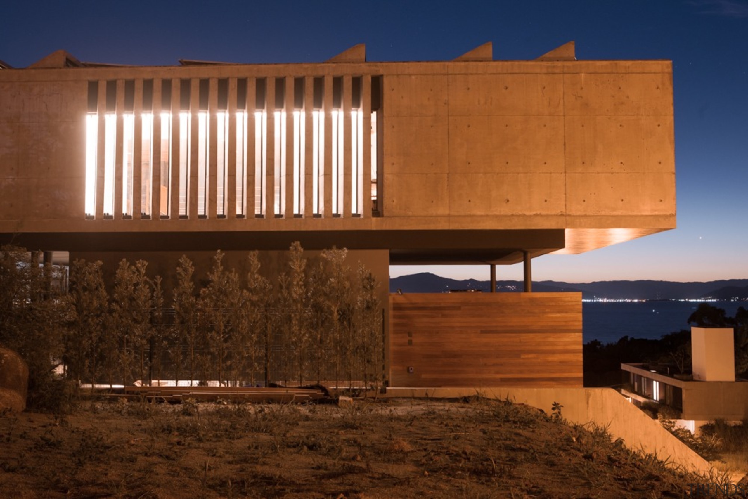 A night view - architecture | building | architecture, building, facade, home, house, reflection, sky, wood, brown