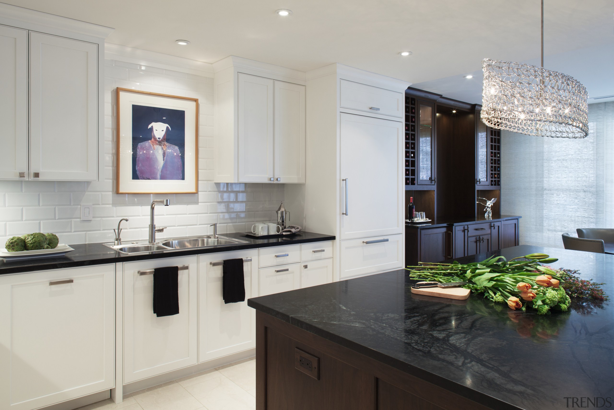 Paneled kitchen with canoe chandelier, subway tile backsplash, cabinetry, countertop, cuisine classique, home appliance, interior design, kitchen, room, gray