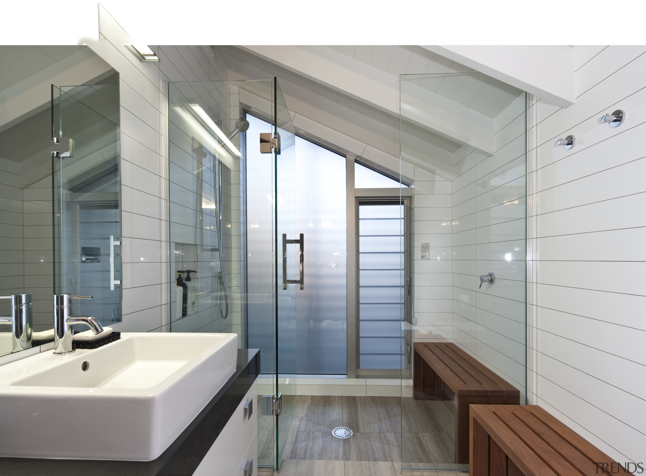 Bathroom with wooden bench, white wall tiles and architecture, bathroom, floor, house, interior design, real estate, tile, wall, gray, white