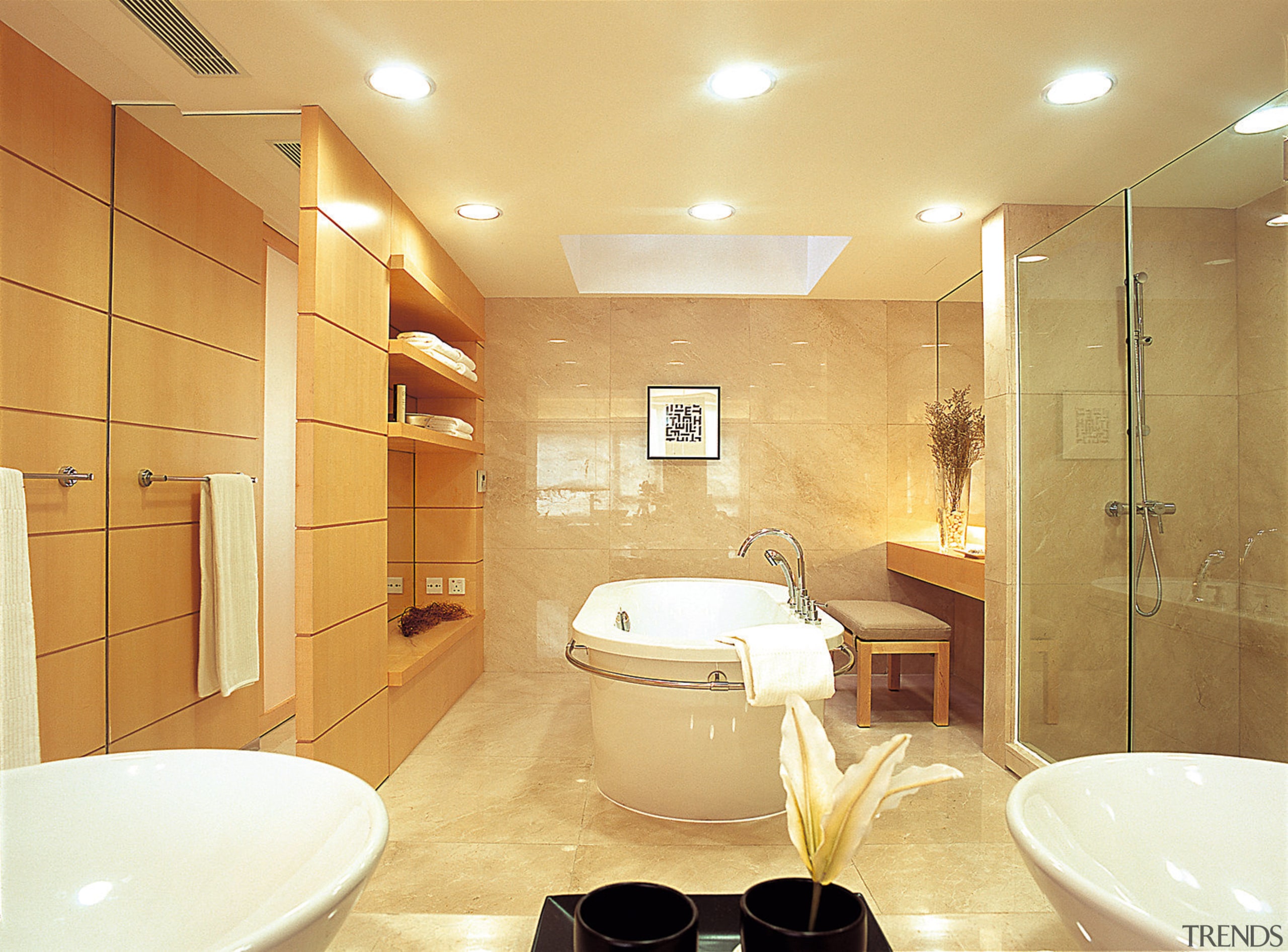 A view of the bathroom within the glass bathroom, ceiling, floor, home, interior design, property, real estate, room, tile, wall, orange