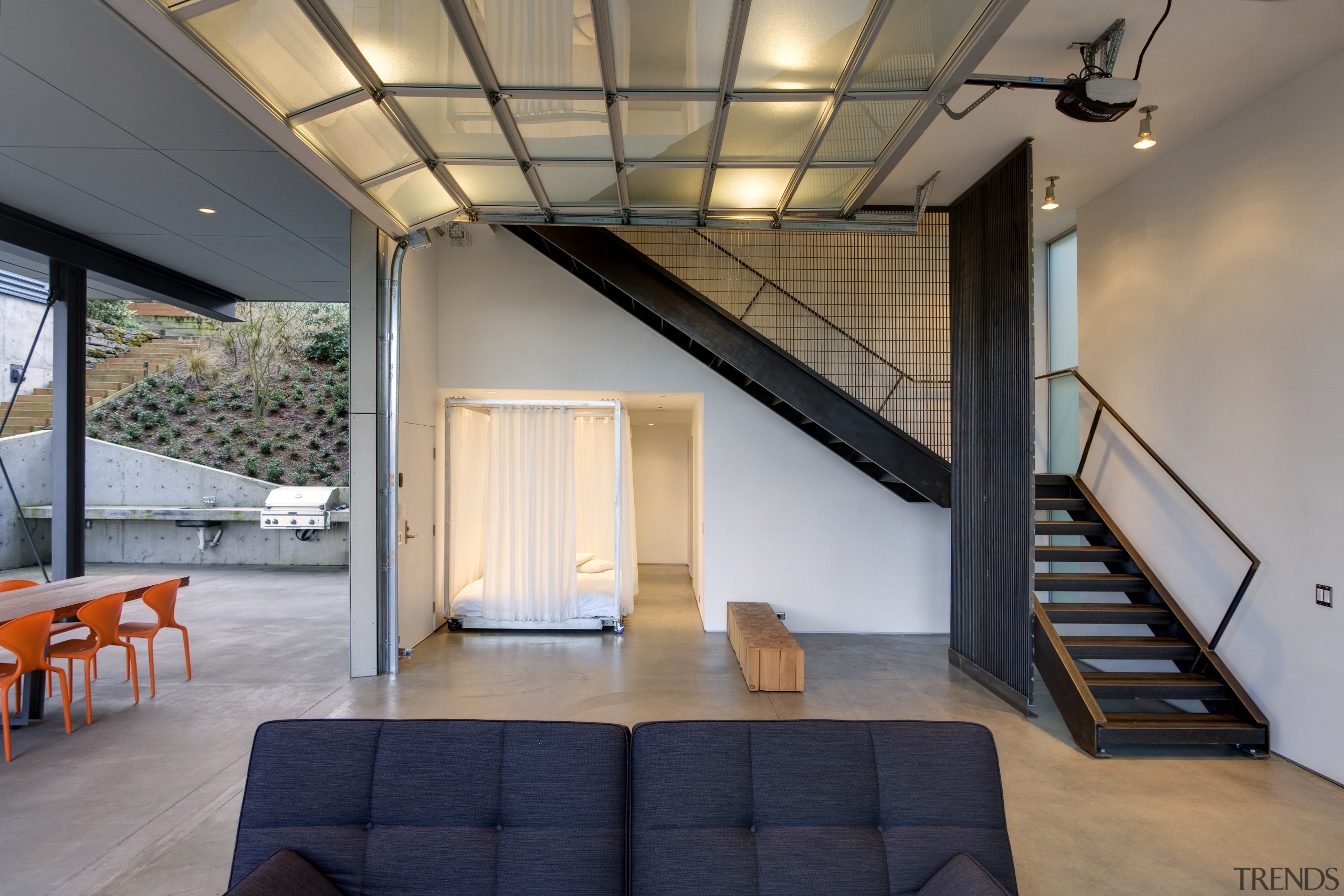 View of stairway down to lounge. - View architecture, ceiling, daylighting, house, interior design, loft, real estate, gray