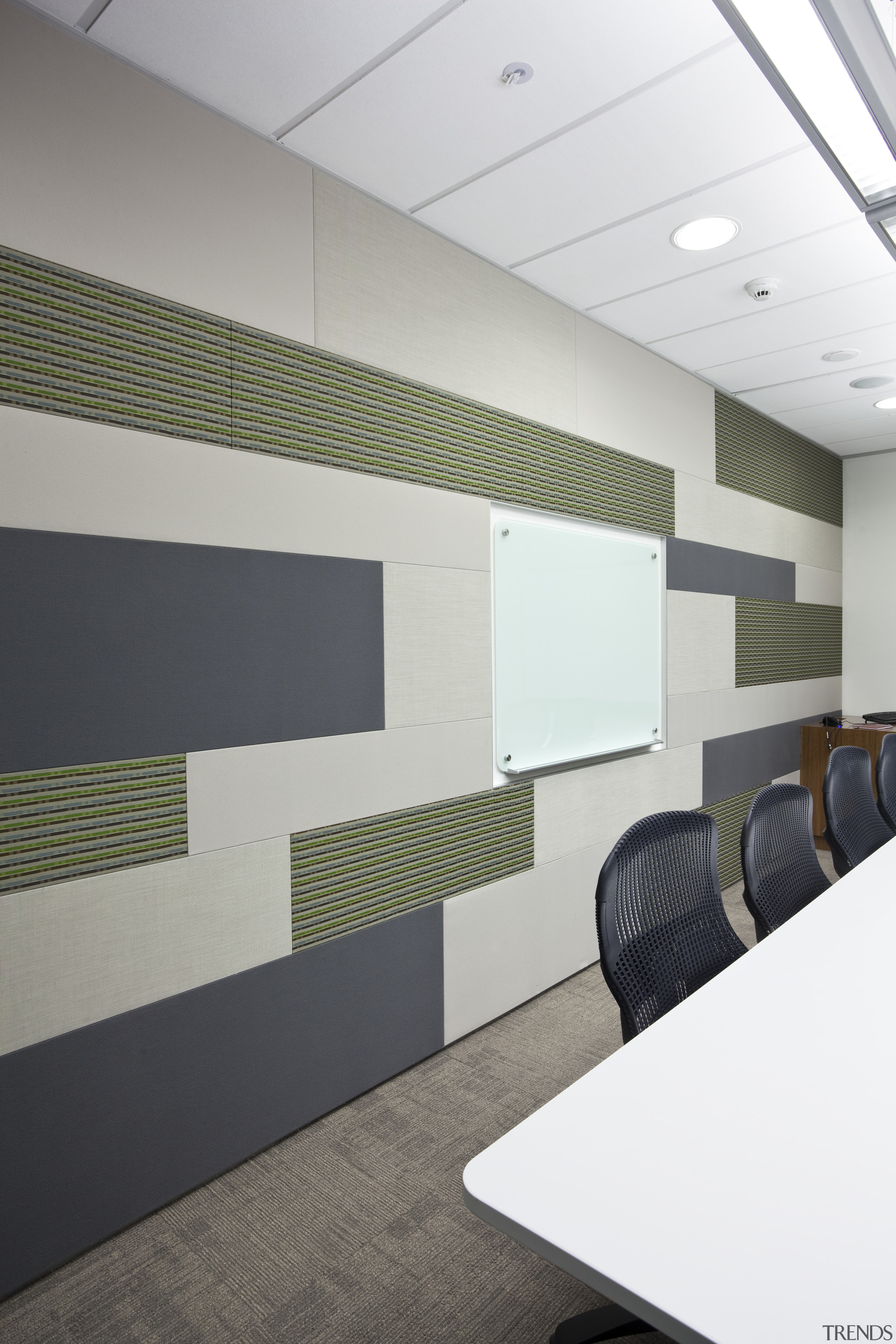 View of boardroom with contemporary wall covering. architecture, ceiling, daylighting, floor, flooring, interior design, line, office, product design, wall, gray, white