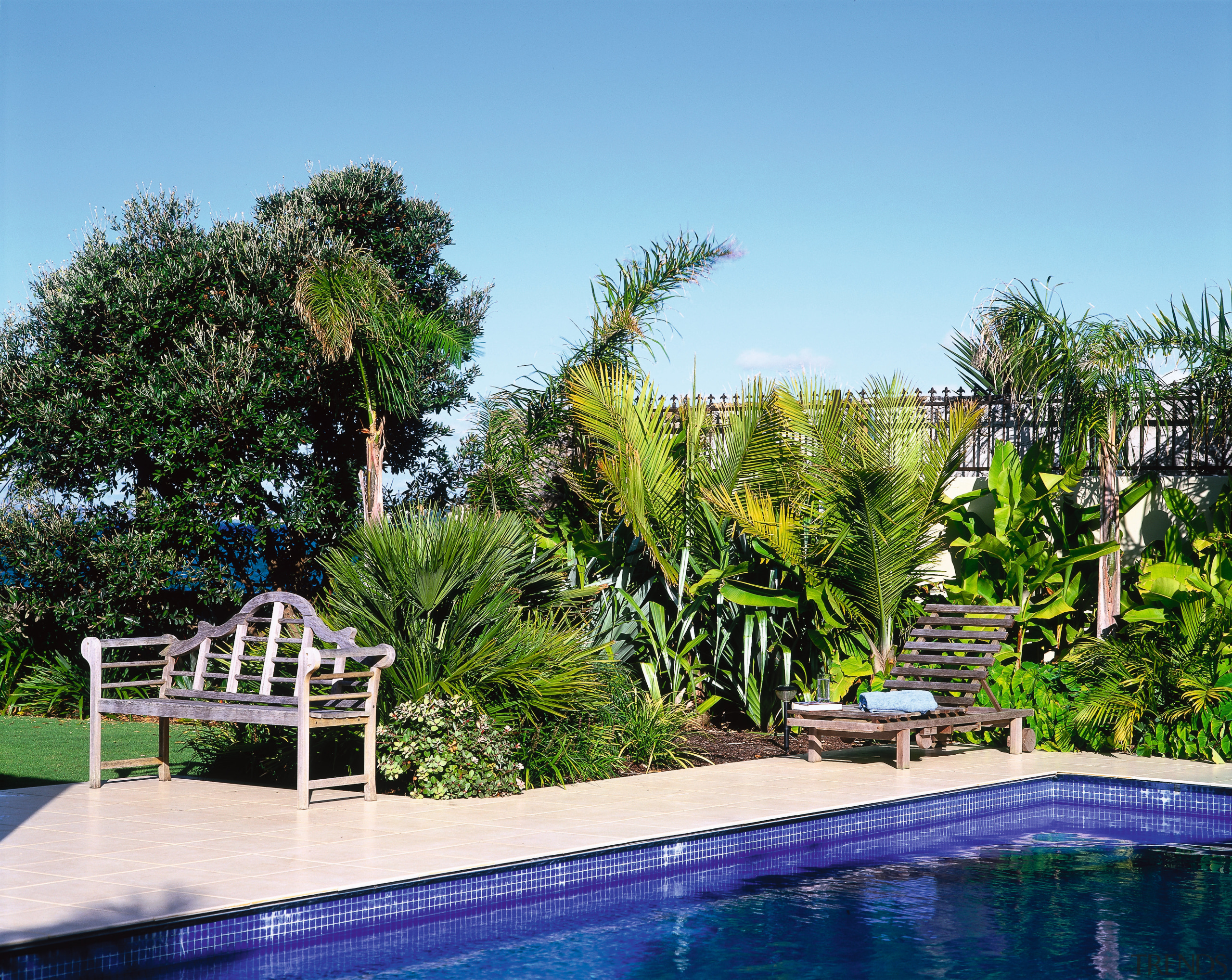 View of the pool area - View of arecales, backyard, estate, home, house, landscaping, leisure, outdoor structure, palm tree, plant, property, real estate, resort, swimming pool, tree, villa, water, teal