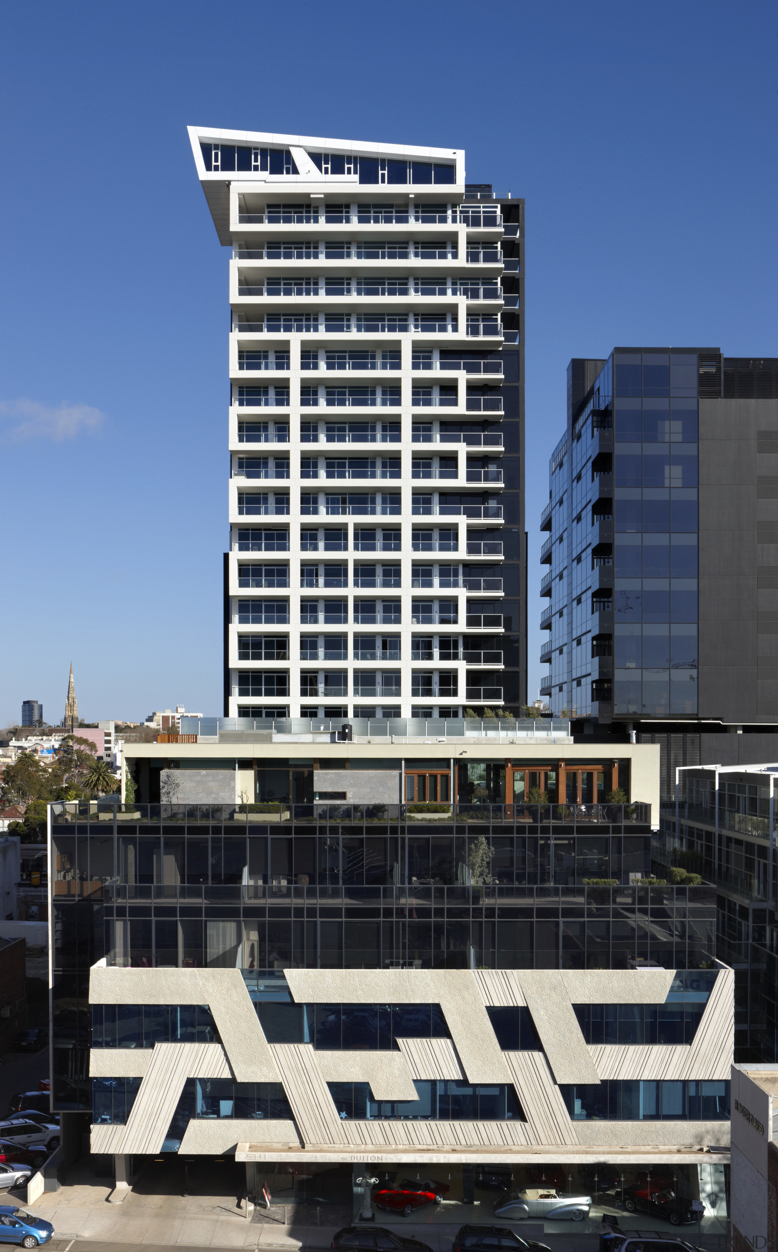 View of this contemporary apartment - View of apartment, architecture, building, city, commercial building, condominium, corporate headquarters, daytime, downtown, facade, headquarters, metropolis, metropolitan area, mixed use, real estate, residential area, sky, skyscraper, tower block, urban area, black, blue