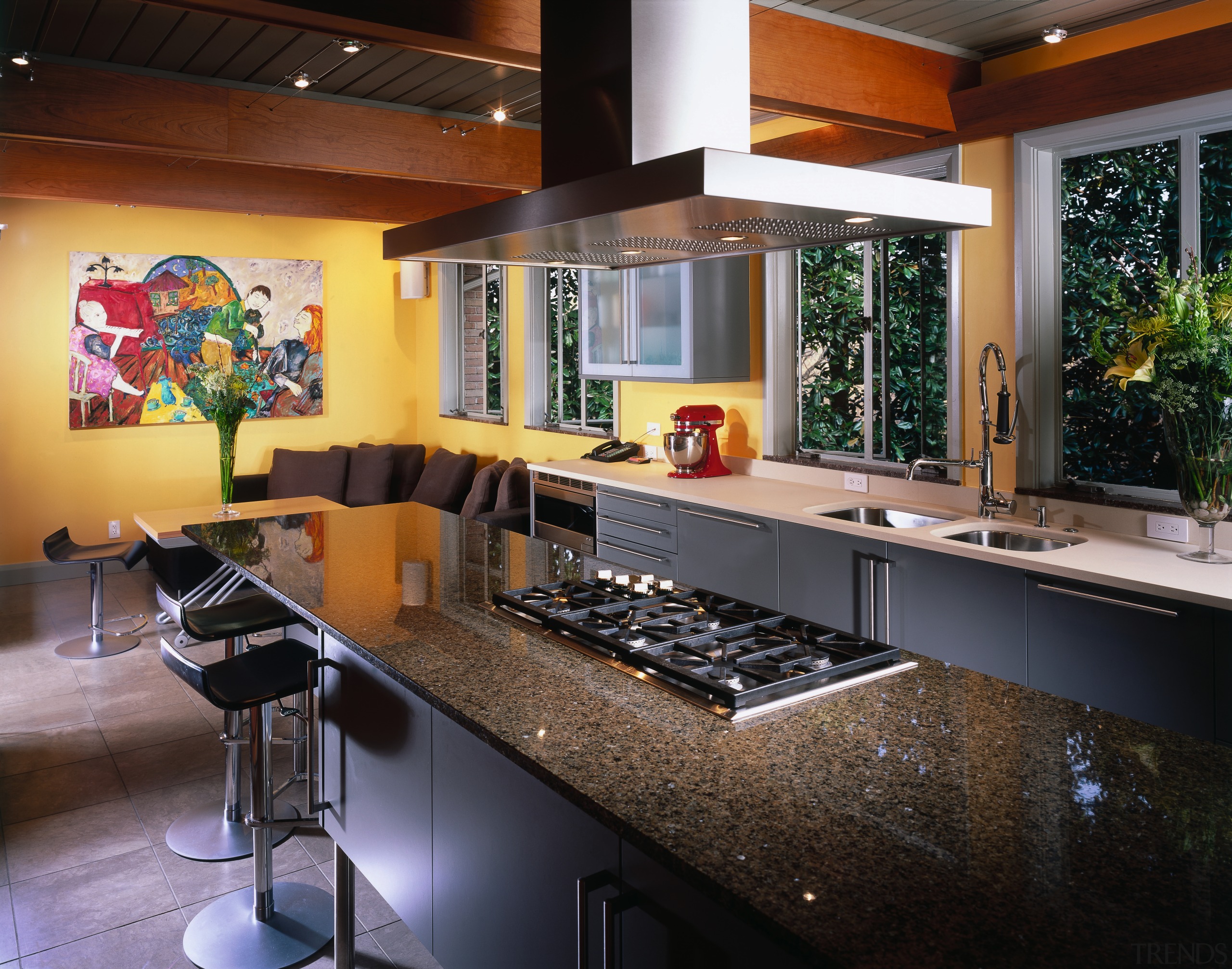 view of the new kitchen featuring cherry veneer countertop, interior design, kitchen, real estate, black