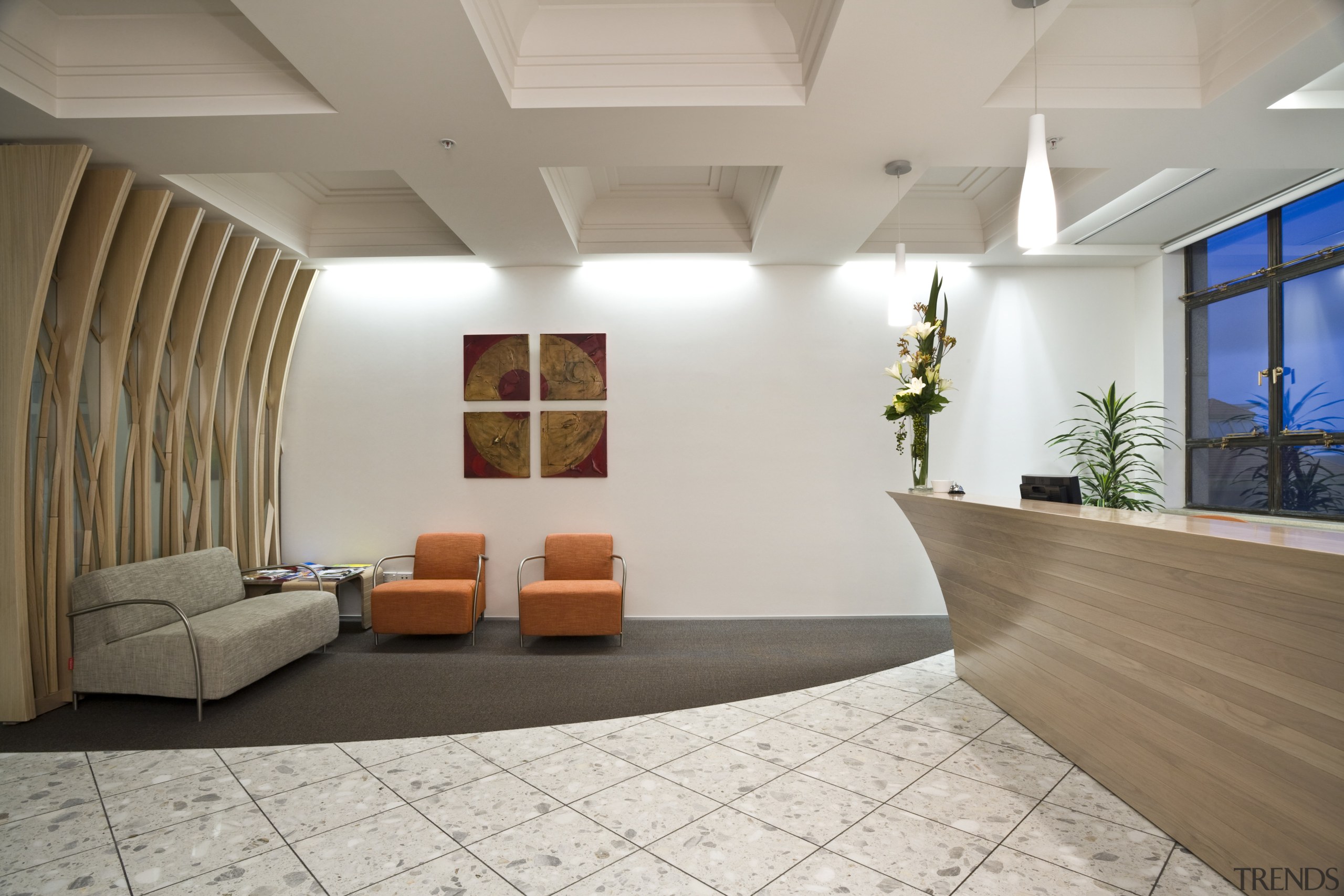 View of the main entrance area which features ceiling, floor, flooring, interior design, living room, lobby, real estate, gray, brown