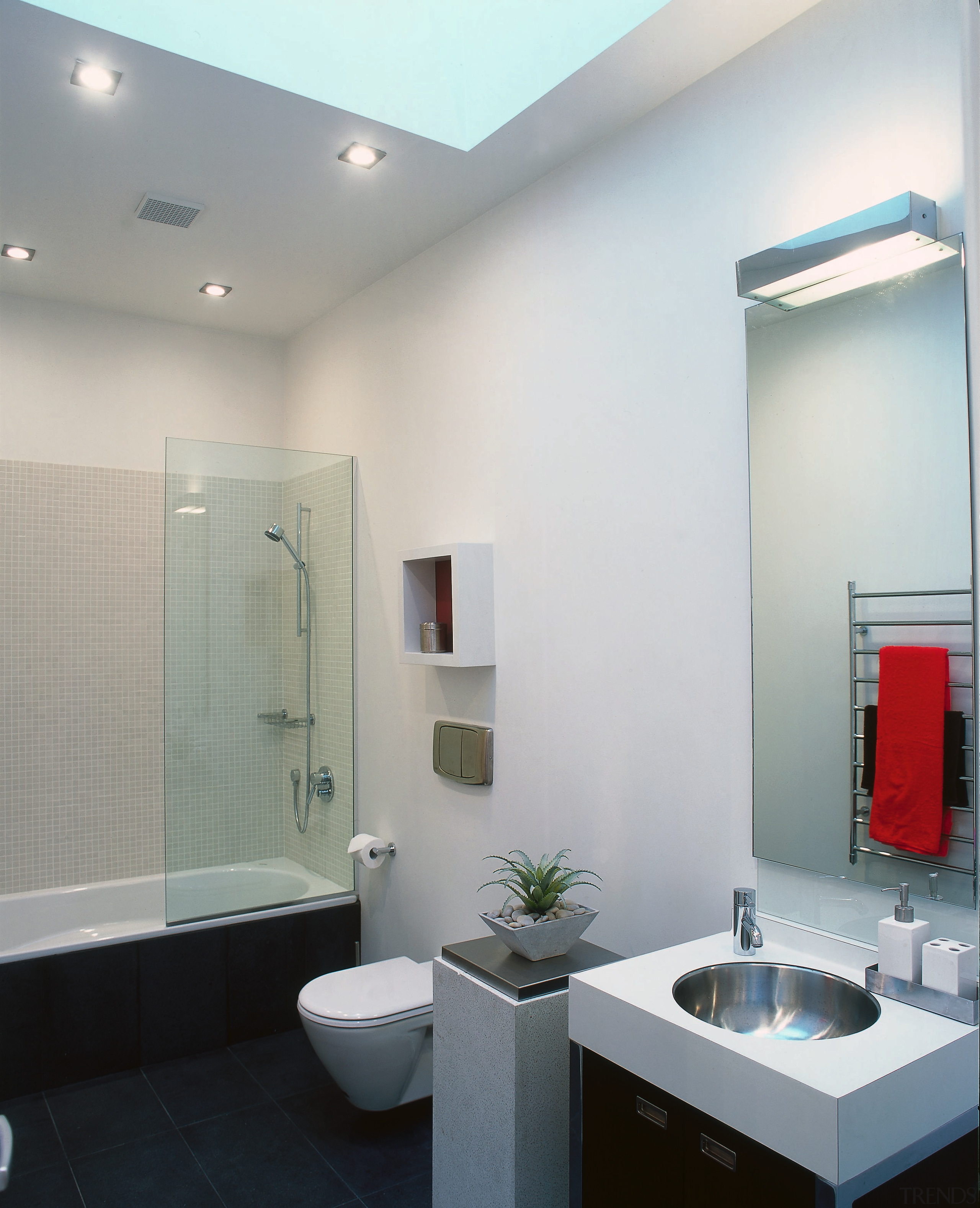 The view of a bathroom featuring a basin bathroom, ceiling, daylighting, glass, interior design, product design, room, window, gray