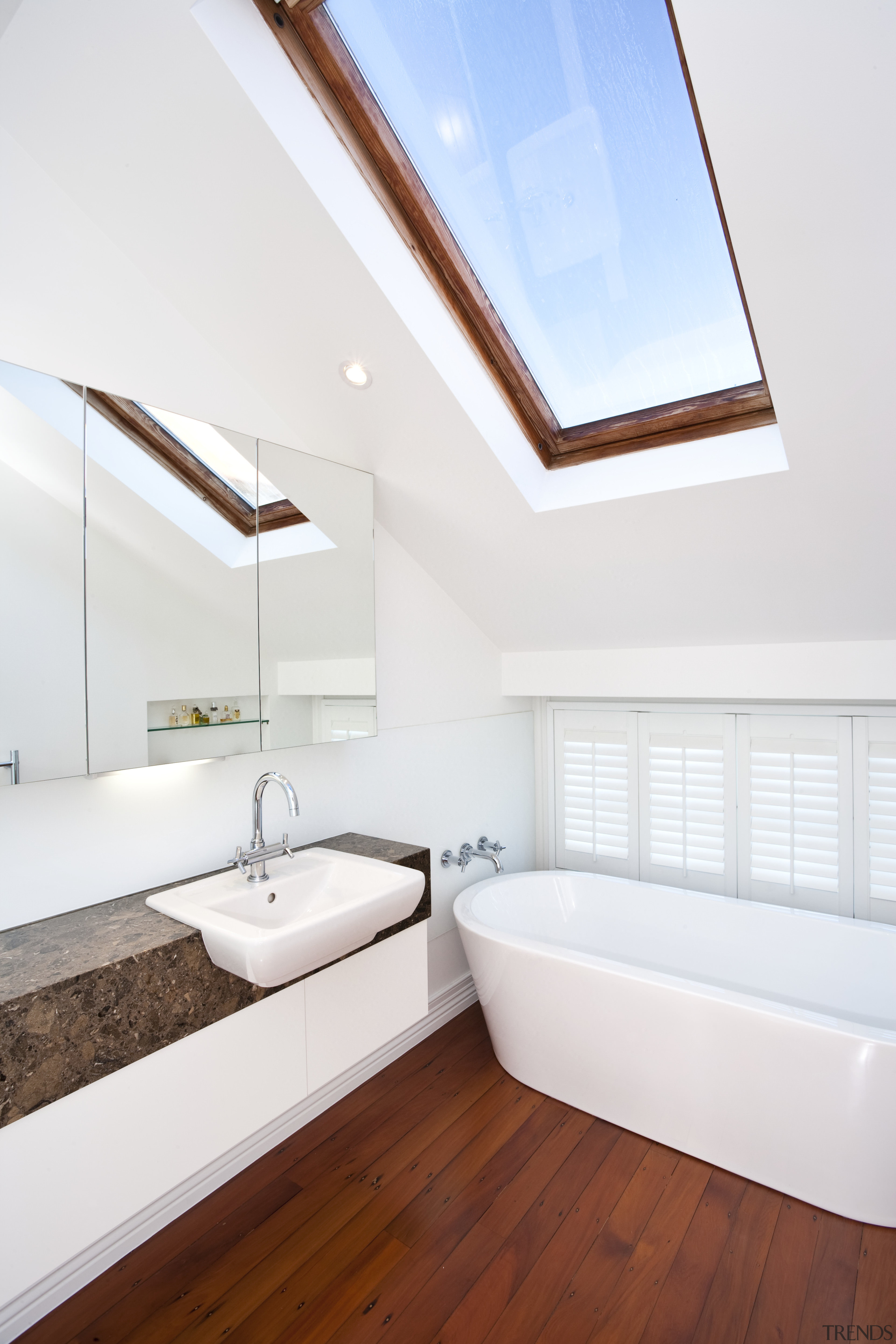 View of this remodeled contemporary bathroom - View architecture, bathroom, ceiling, daylighting, floor, home, house, interior design, real estate, room, window, white