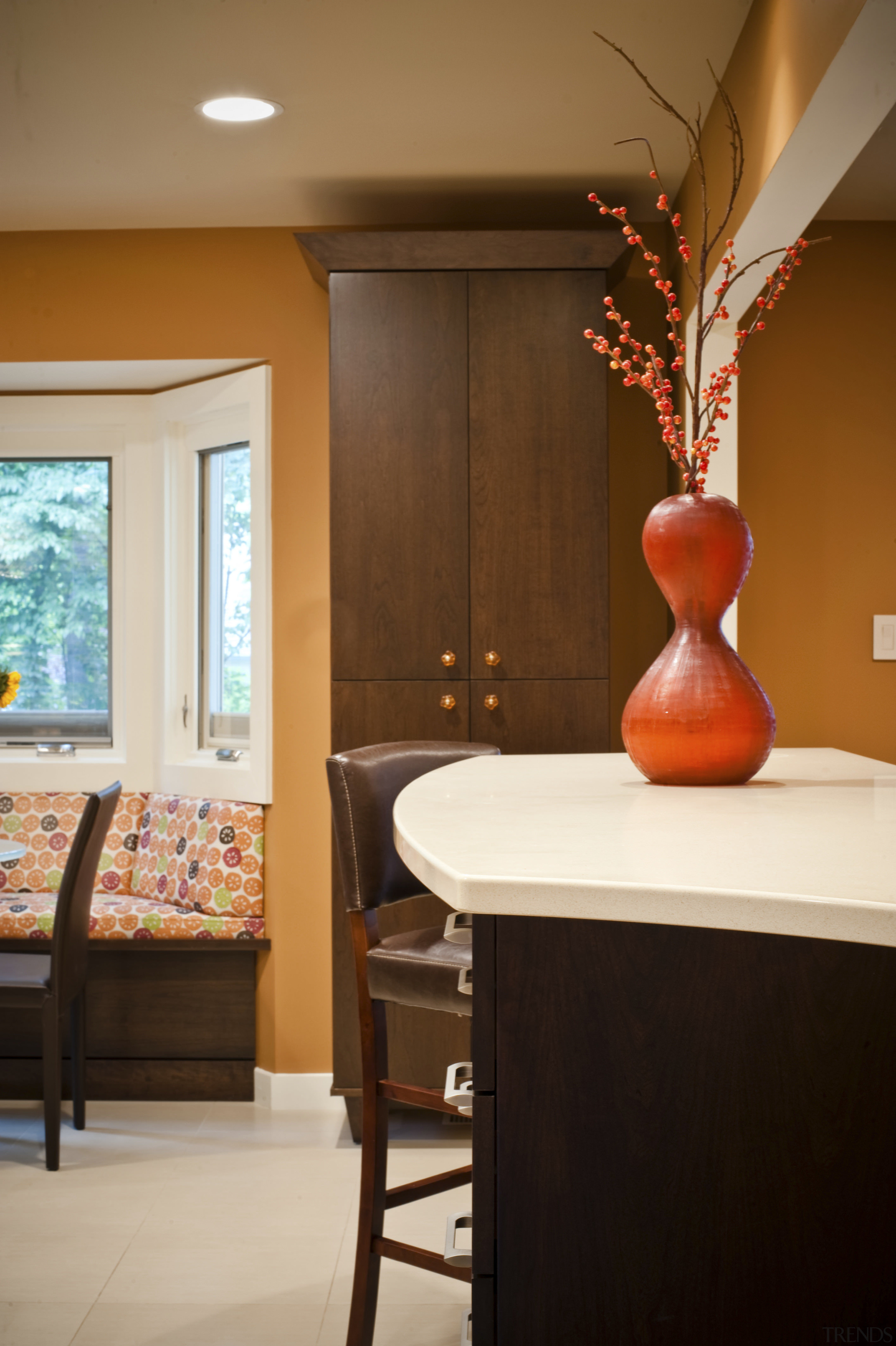 Nadia Subaran remodel brings vibrancy to a this ceiling, furniture, home, house, interior design, living room, room, table, brown, orange