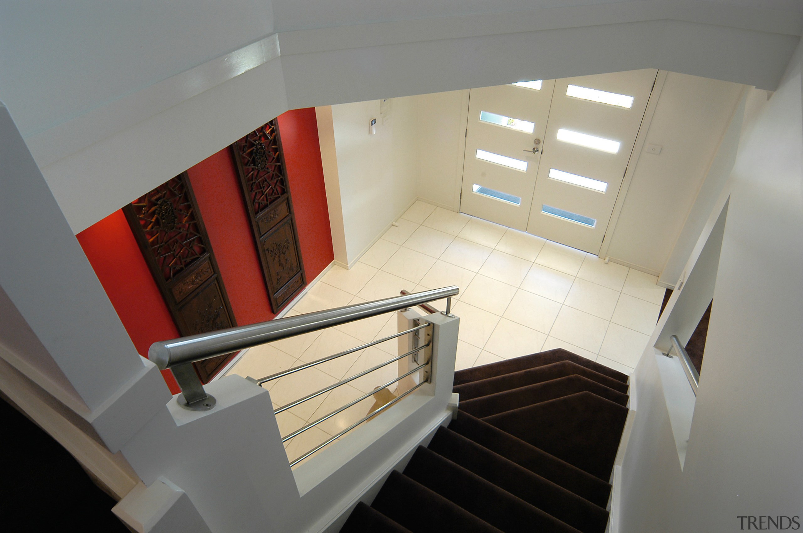 Interior stairway in house with white walls and apartment, architecture, ceiling, daylighting, floor, handrail, home, house, interior design, loft, room, stairs, window, wood, gray