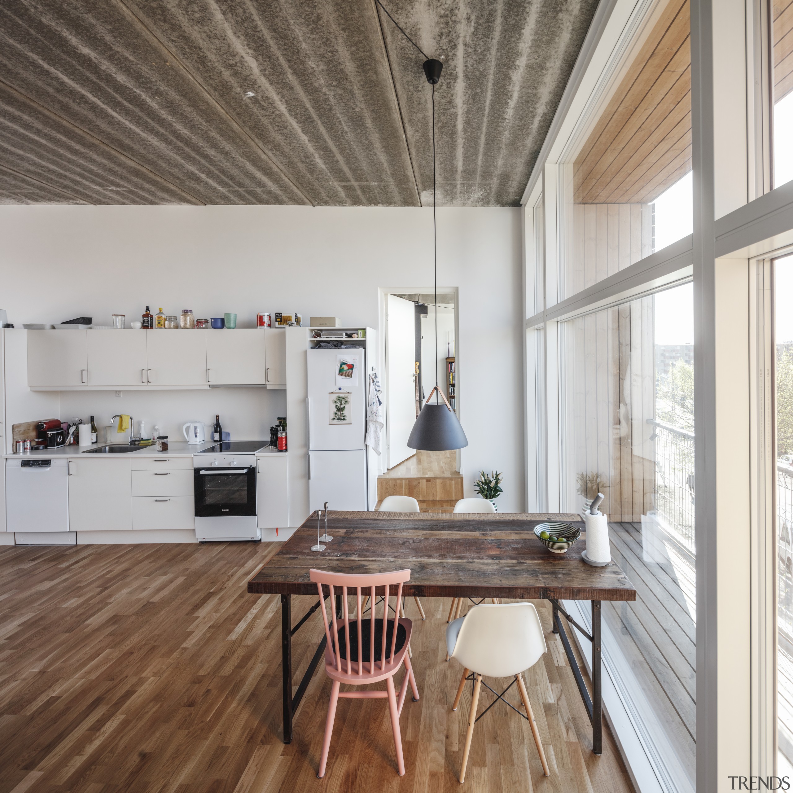 The stacking pattern of the modules used by dining room, floor, flooring, hardwood, apartment, interior design, living room, table, wood, wood flooring, Bjarke Ingels Group