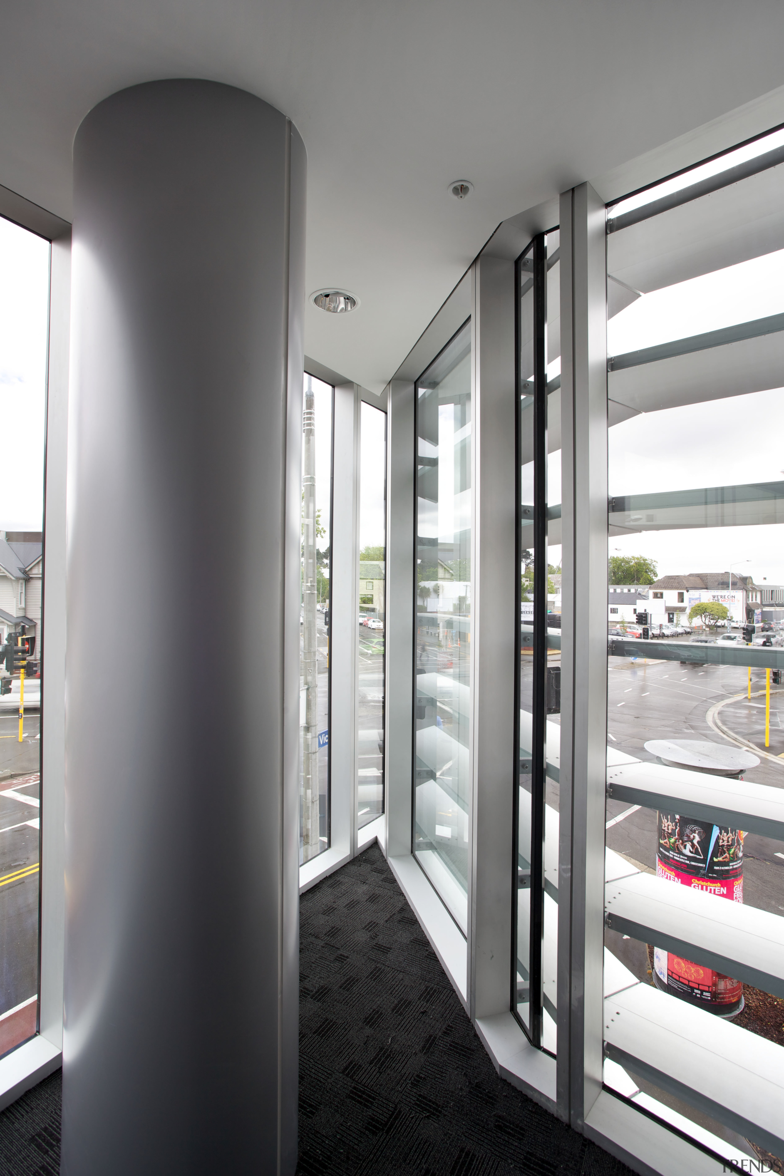 A slight kink in this new building allows interior design, structure, window, gray, white