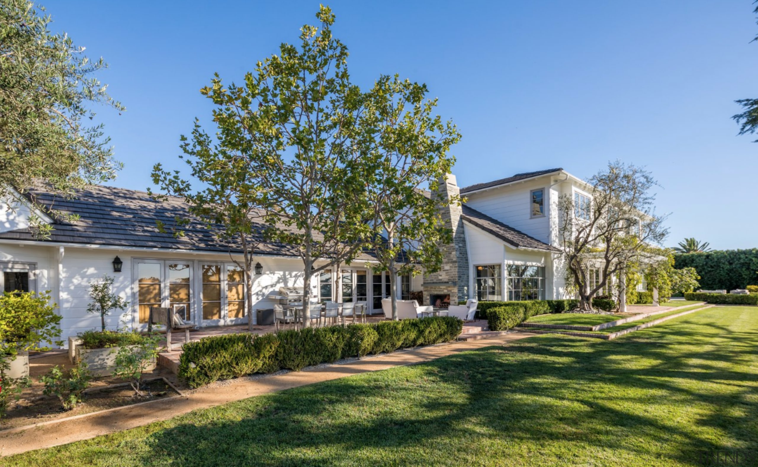 Step inside Jodie Foster's Beverly Hills home - architecture, building, cottage, estate, facade, farmhouse, grass, home, house, land lot, landscape, lawn, neighbourhood, plant, property, real estate, residential area, roof, siding, suburb, tree, yard, teal, brown