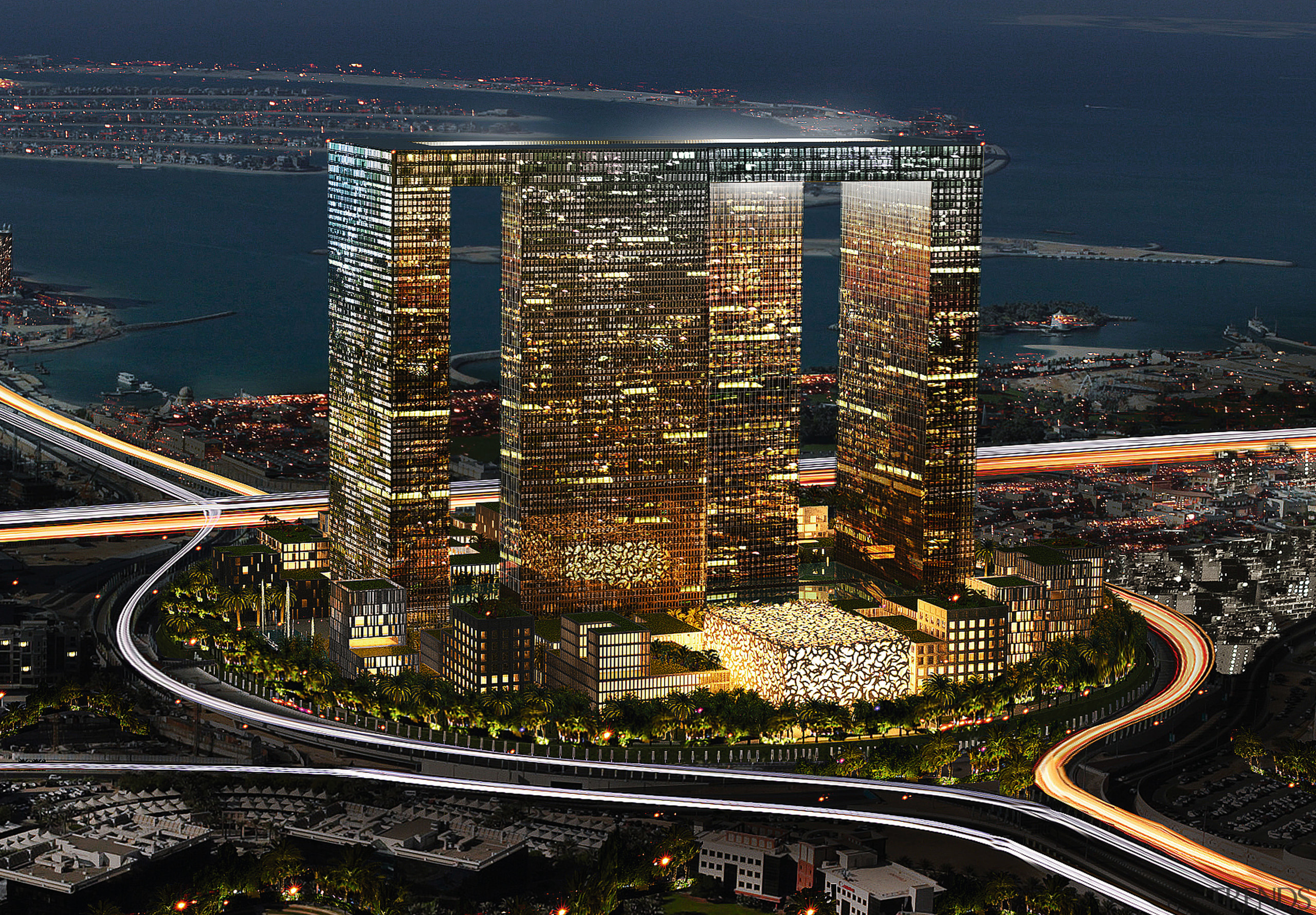 With an emphasis on green design, Meinhardt's many aerial photography, bird's eye view, building, city, cityscape, condominium, metropolis, metropolitan area, mixed use, night, residential area, sky, skyline, skyscraper, suburb, tower, tower block, urban area, urban design, water, black