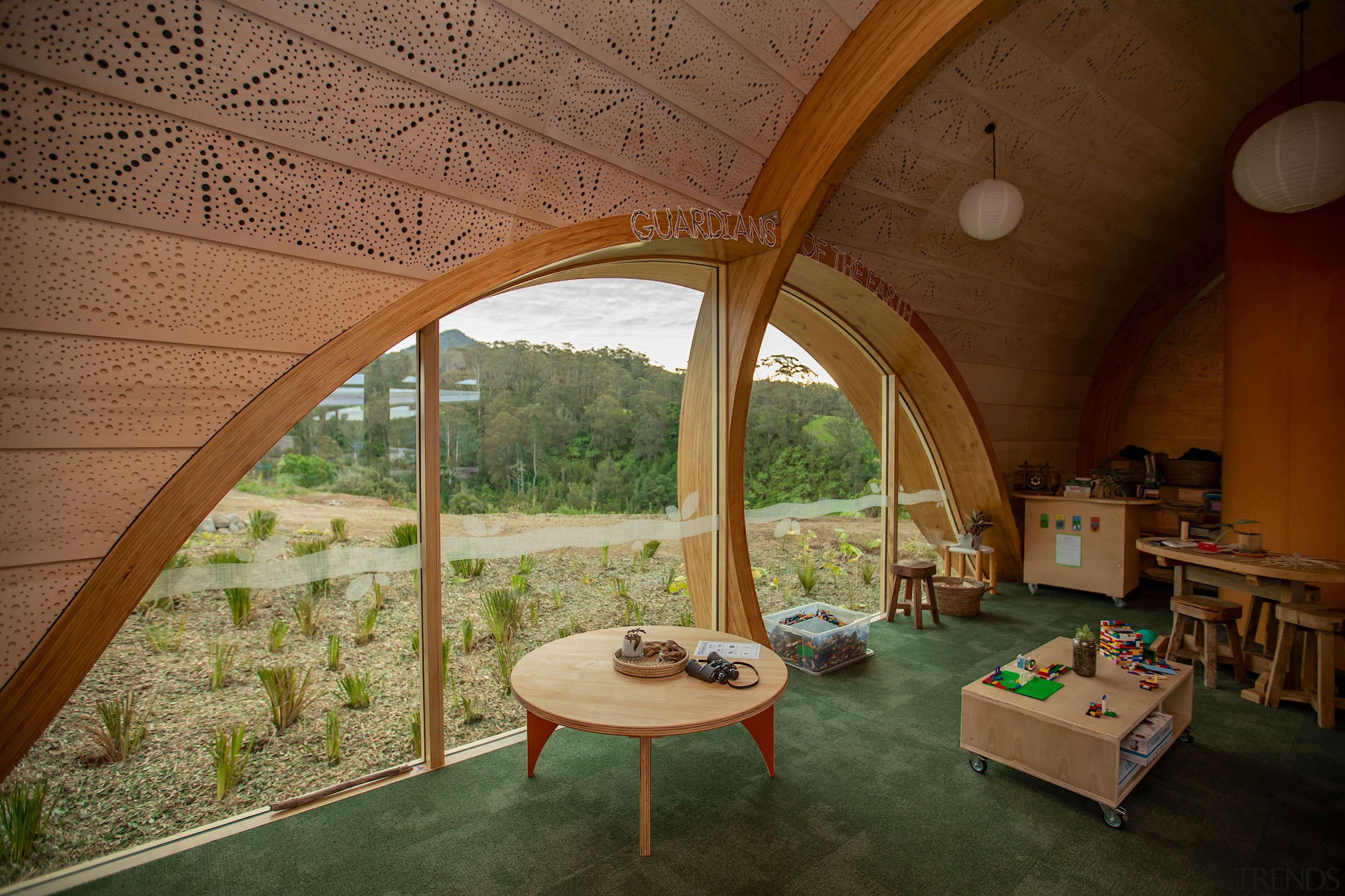Curved timber shapes are predominant in the architecture 