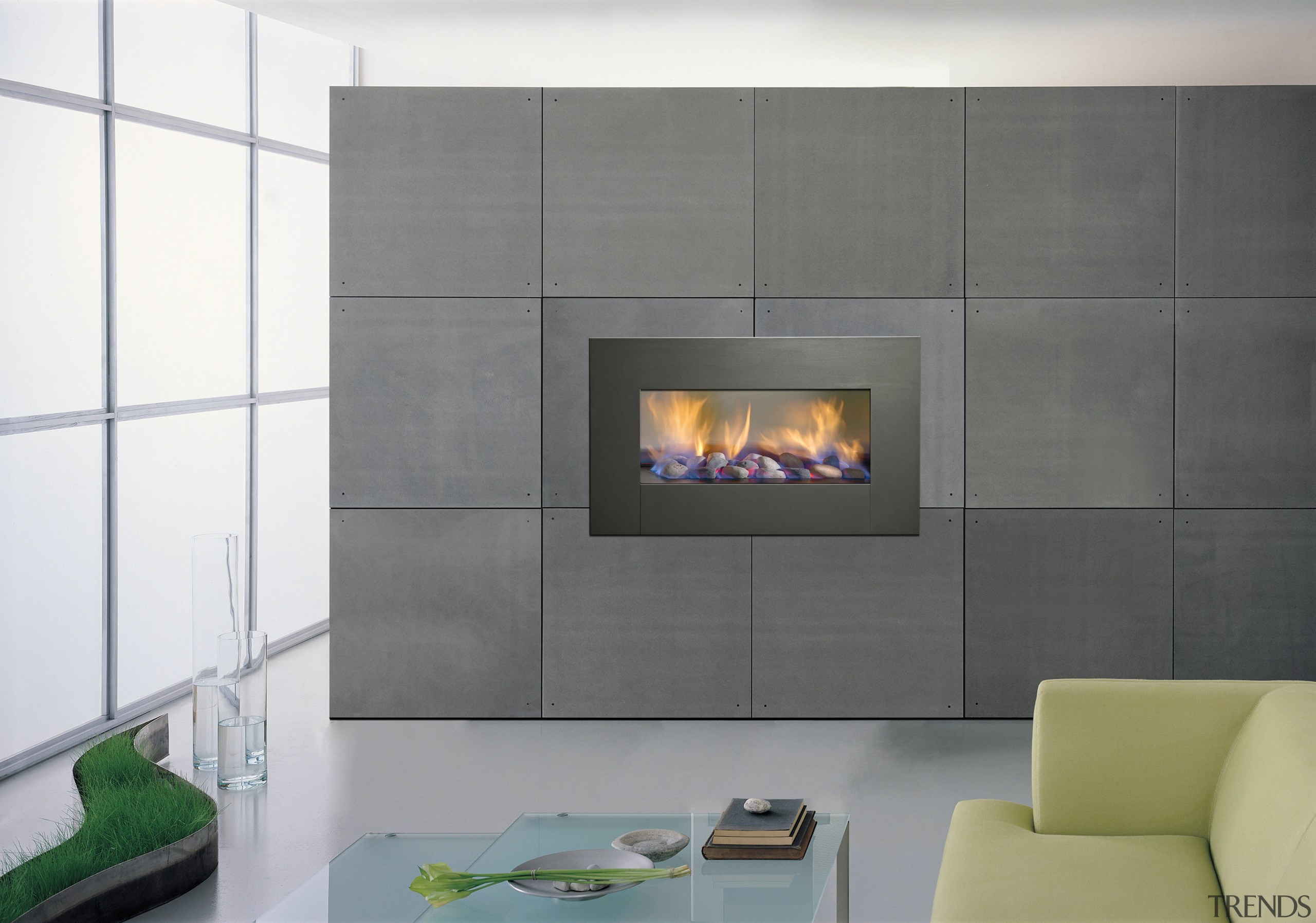 Image of the Jetmaster Horizon gas log fires. fireplace, floor, flooring, hearth, home appliance, interior design, product design, wall, gray, white