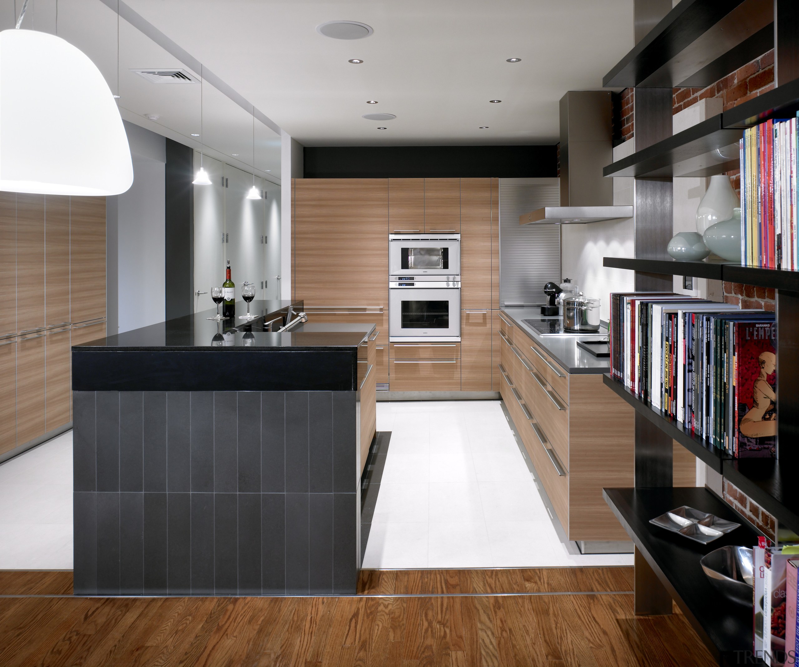 View of a renovated kitchen which features a cabinetry, countertop, cuisine classique, floor, interior design, kitchen, gray, black