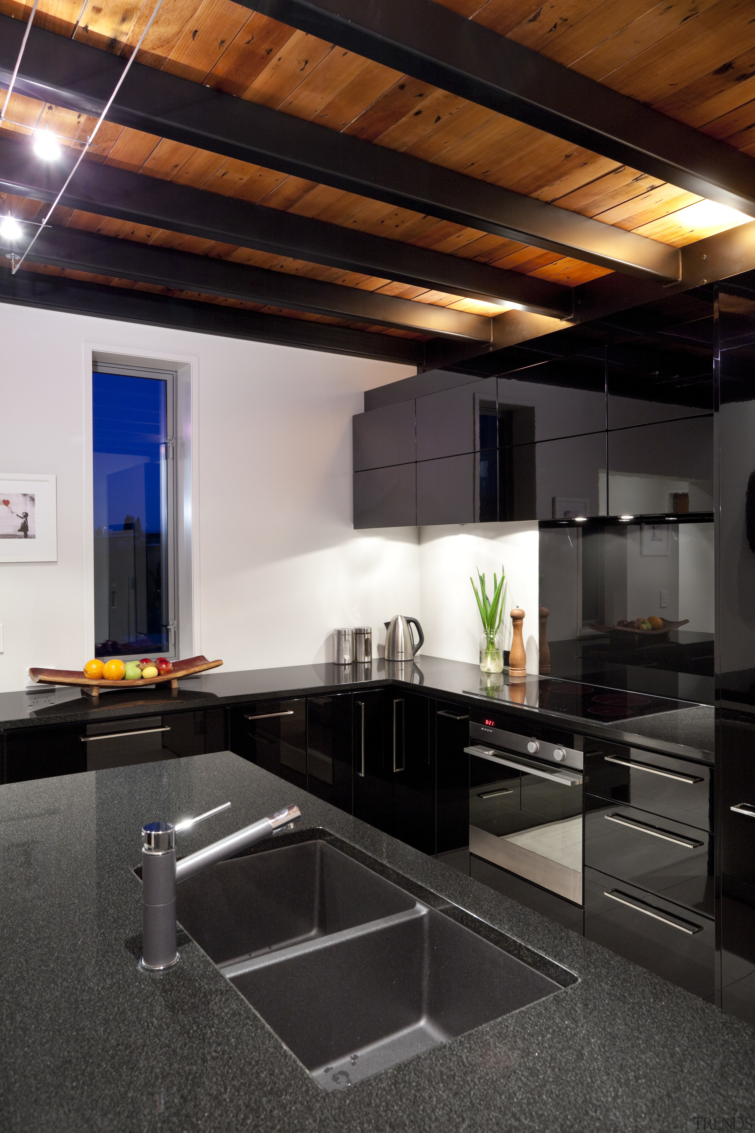 This kitchen, designed by the owner in conjunction ceiling, countertop, interior design, kitchen, black