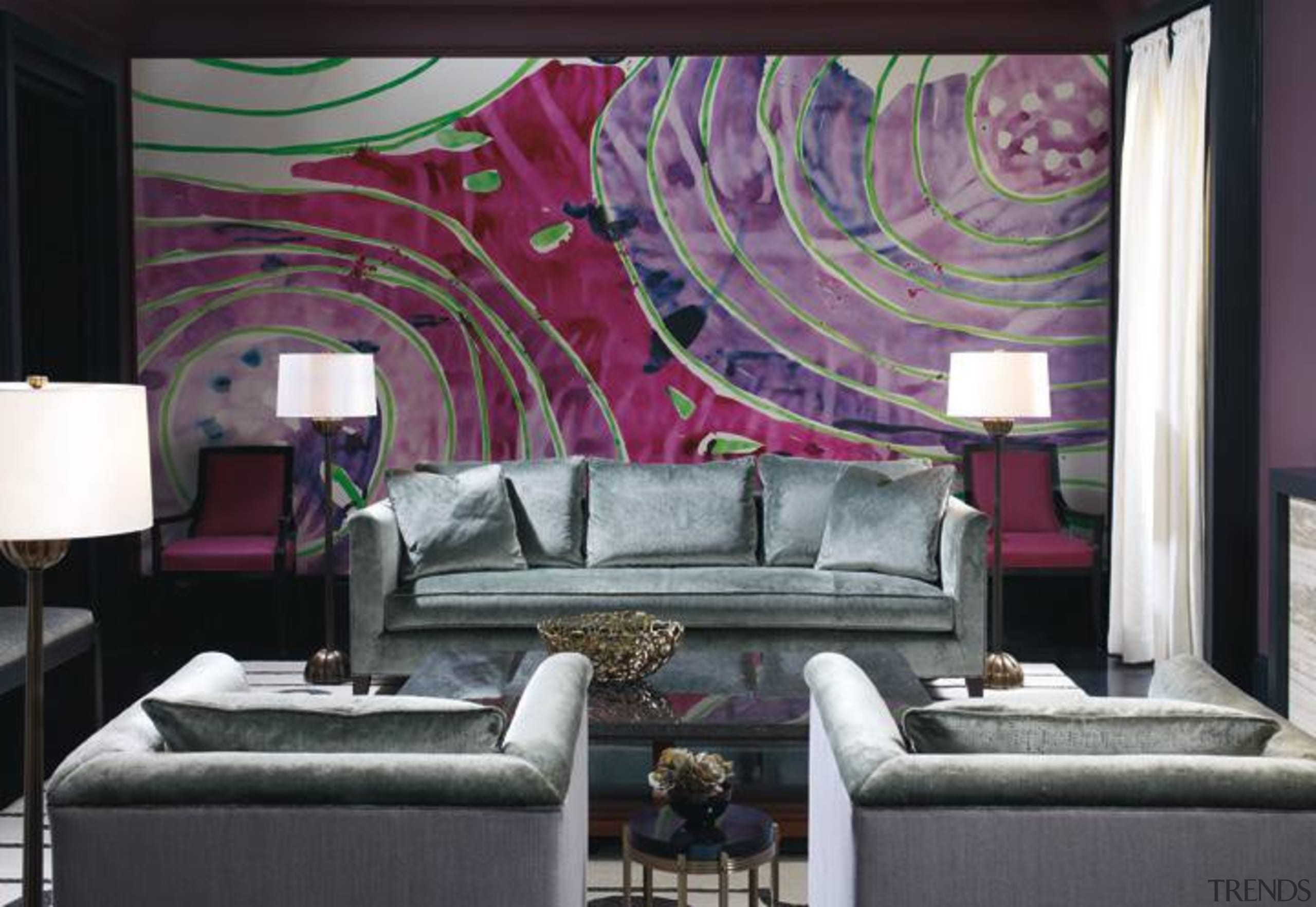 Vintage, antique, and modern pieces creatively express a ceiling, couch, furniture, home, interior design, living room, purple, room, suite, textile, wall, wallpaper, black, gray