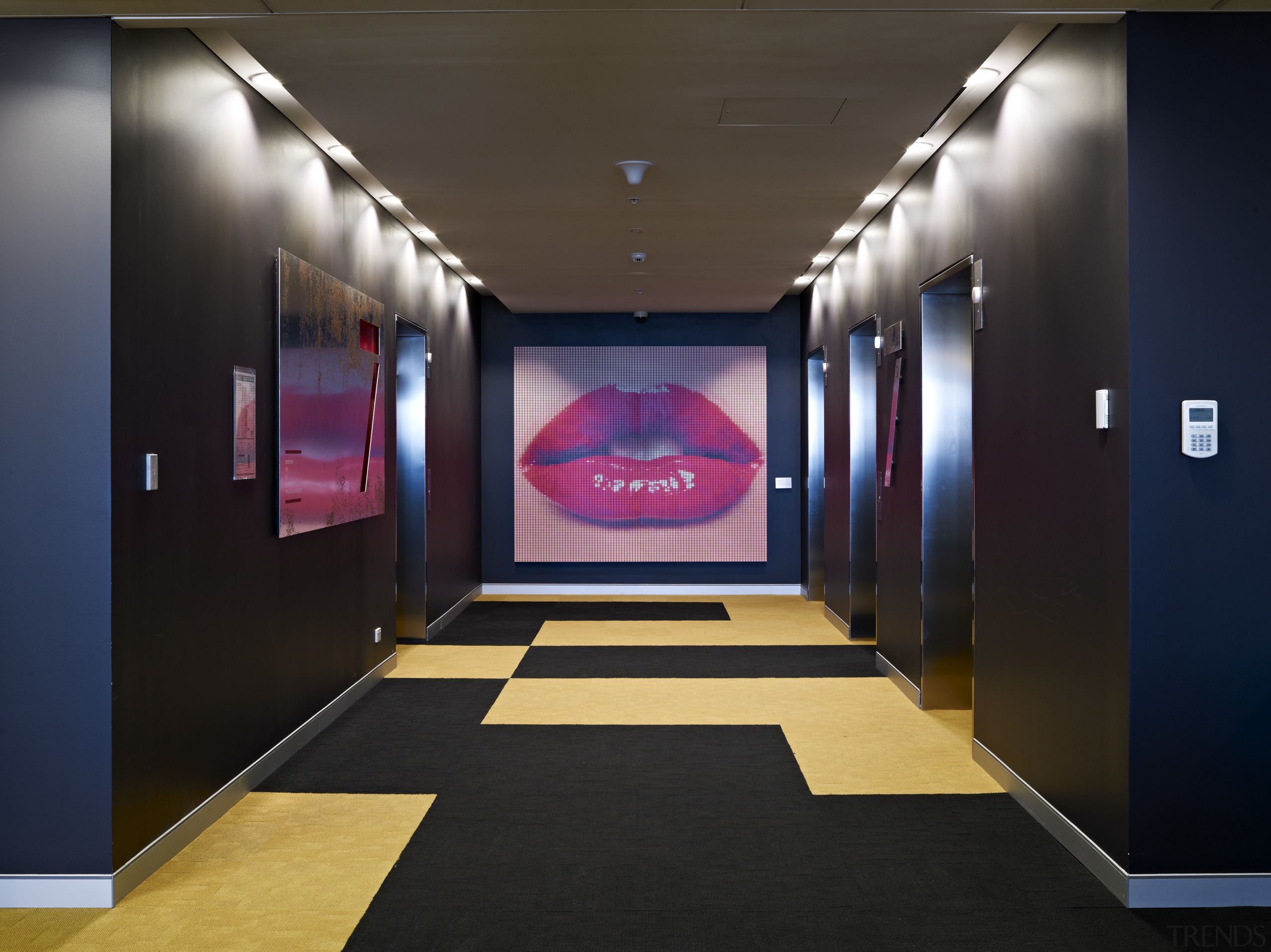 View of the main lobby hall within the auditorium, ceiling, interior design, lobby, black