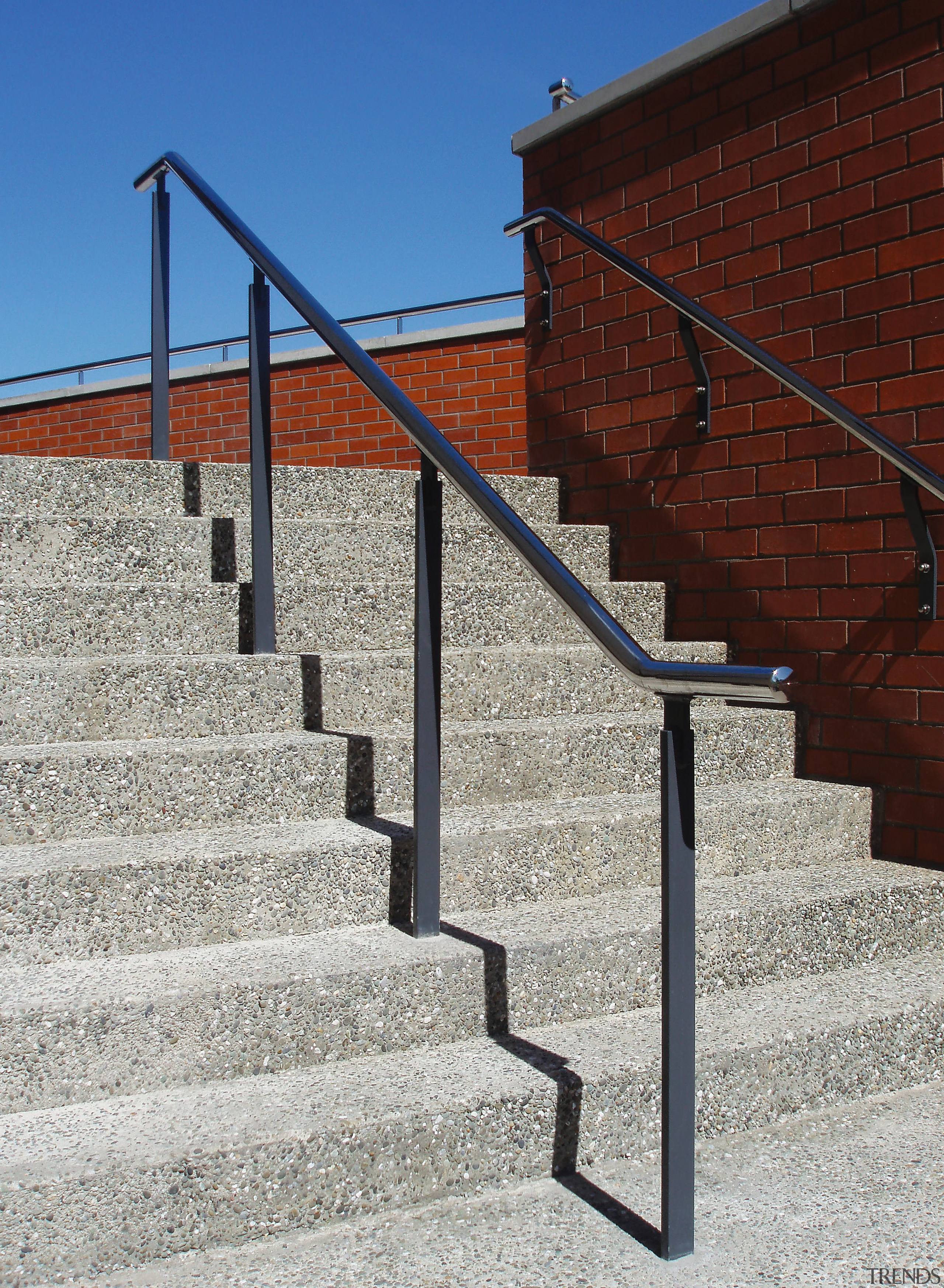 A view of a balustrade by FGS Metalwork. architecture, baluster, facade, guard rail, handrail, iron, line, stairs, structure, wall, gray