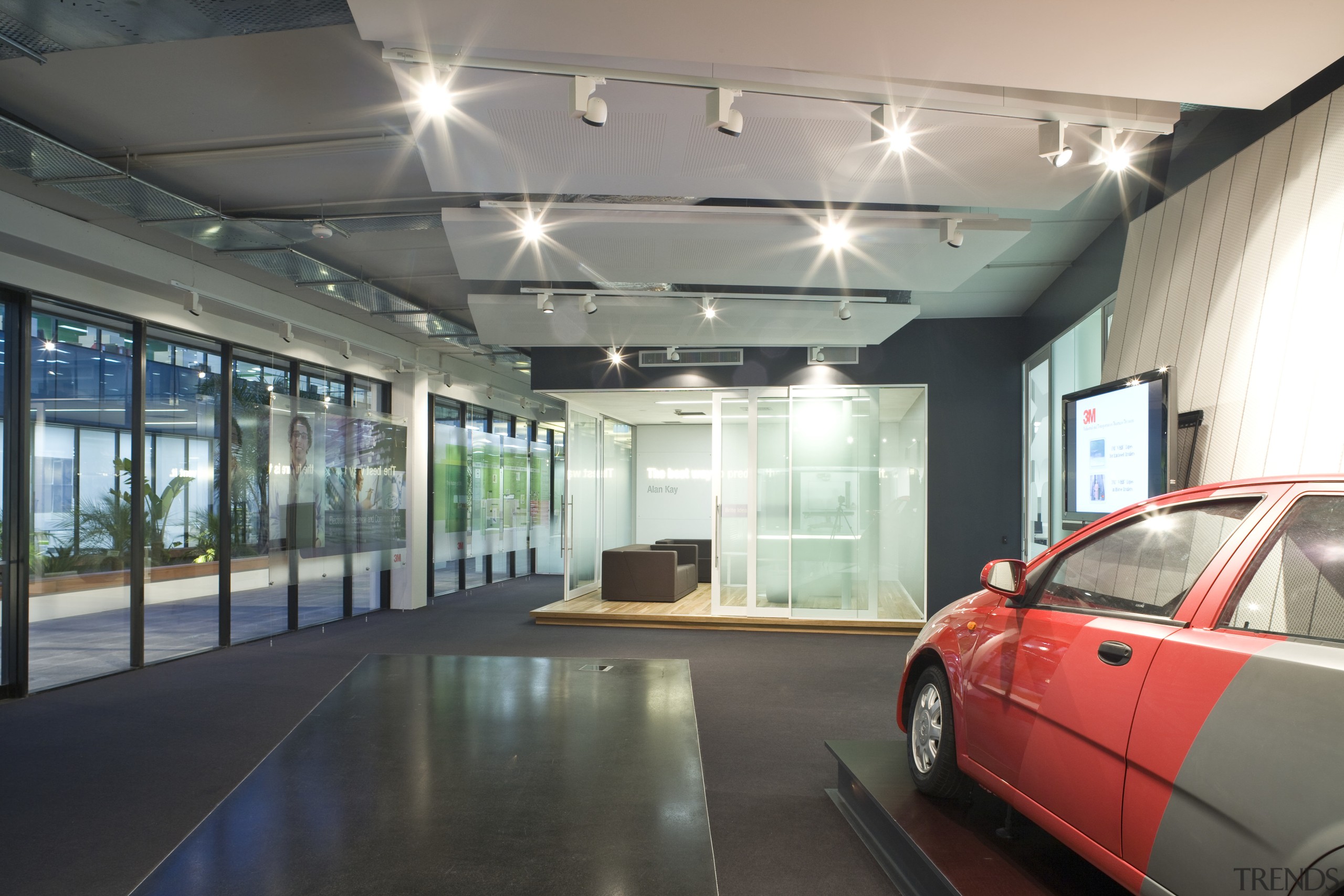 Internal showroom view of 3M Head Office part ceiling, gray, black, white