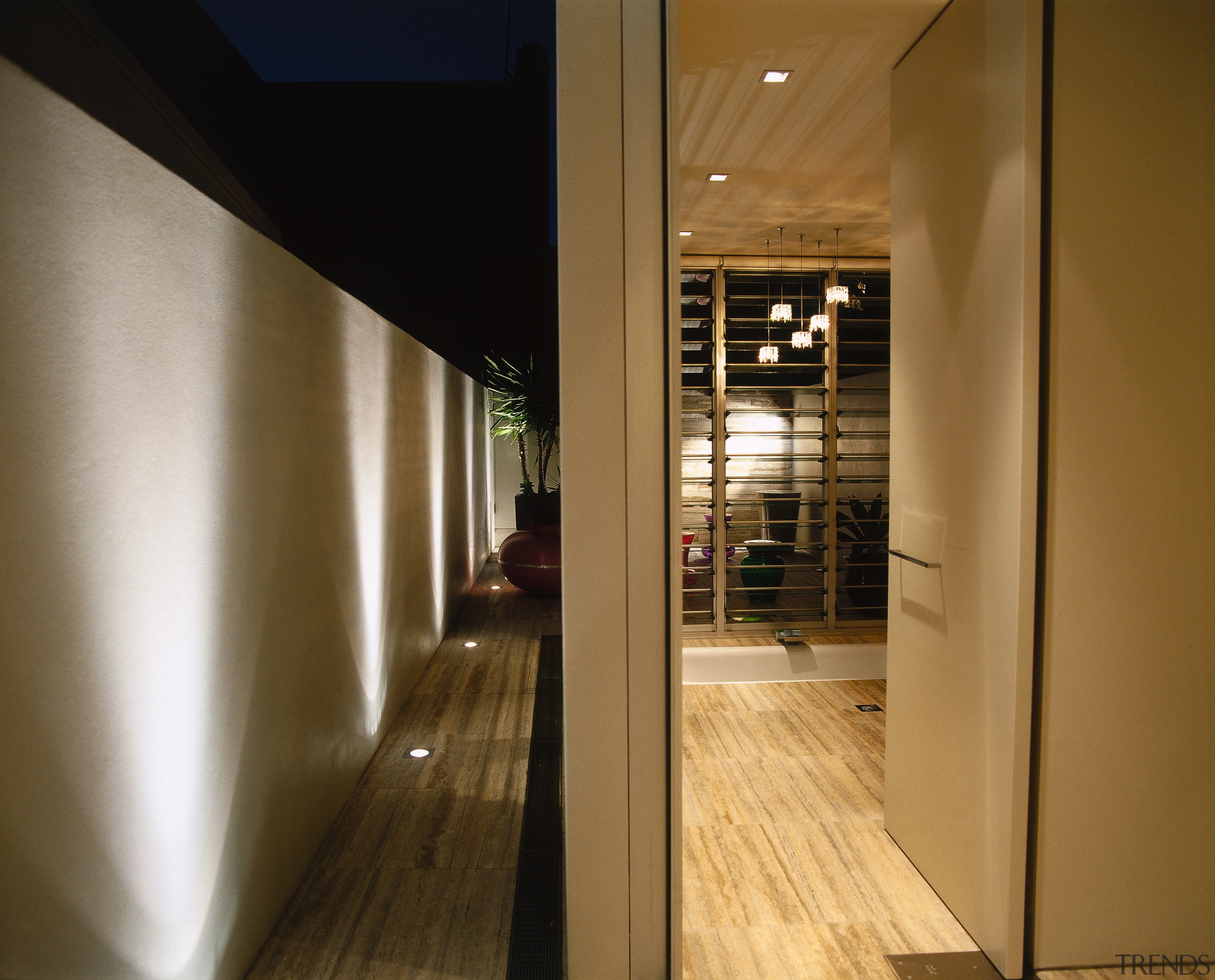 view of the walkway that extends from the architecture, daylighting, house, interior design, lobby, window, wood, brown