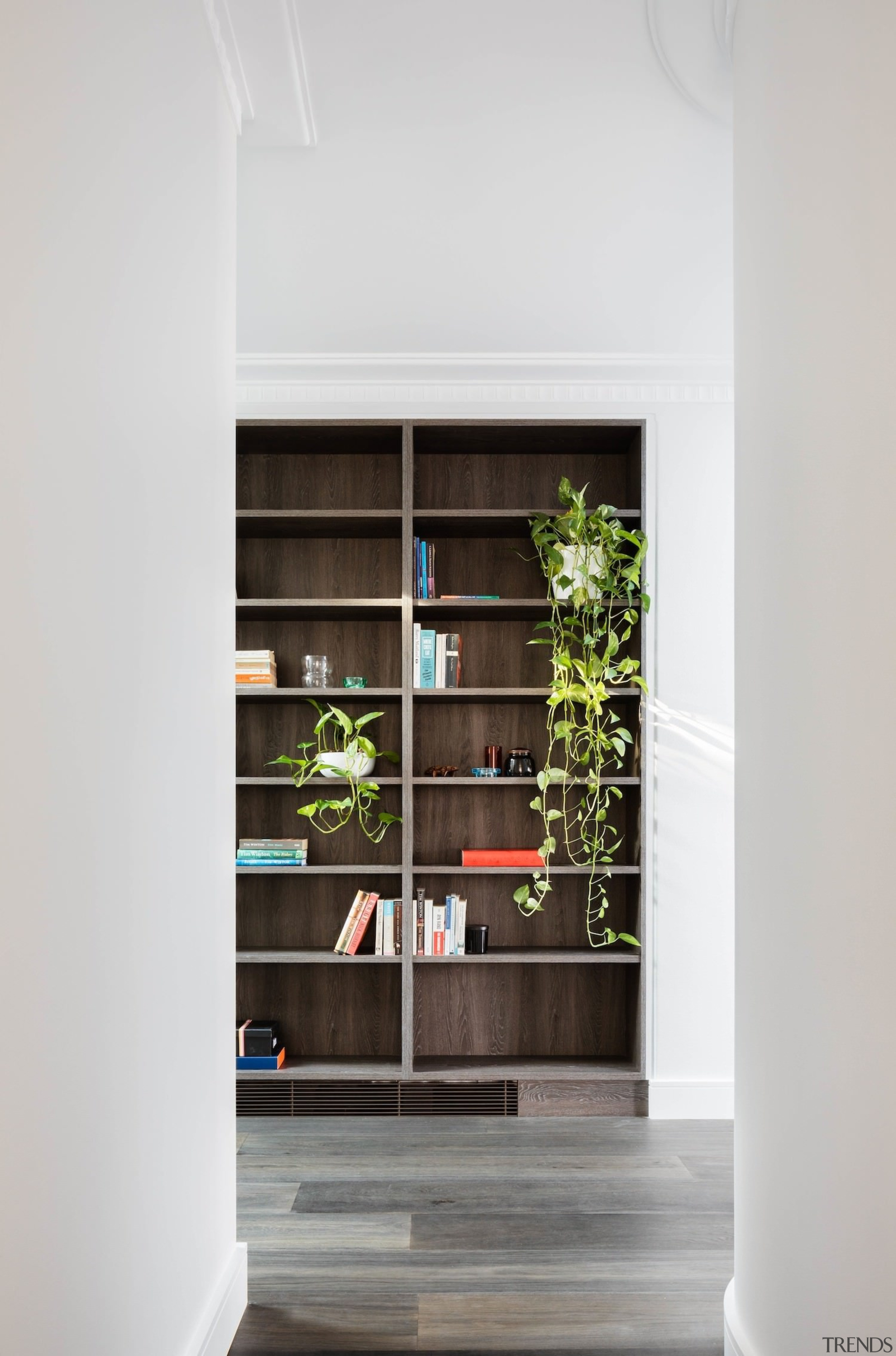 Wood cabinets stand out in the hallway - bookcase, furniture, house, interior design, shelf, shelving, white