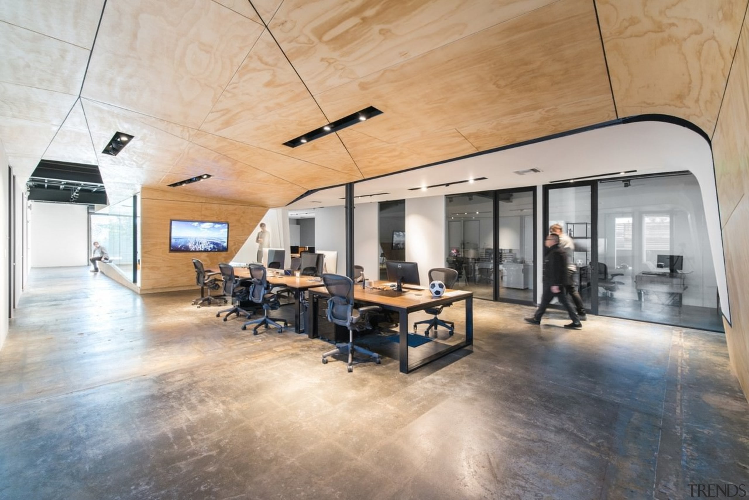 Another view of the open work area - architecture, ceiling, floor, flooring, interior design, lobby, loft, real estate, wood flooring, gray