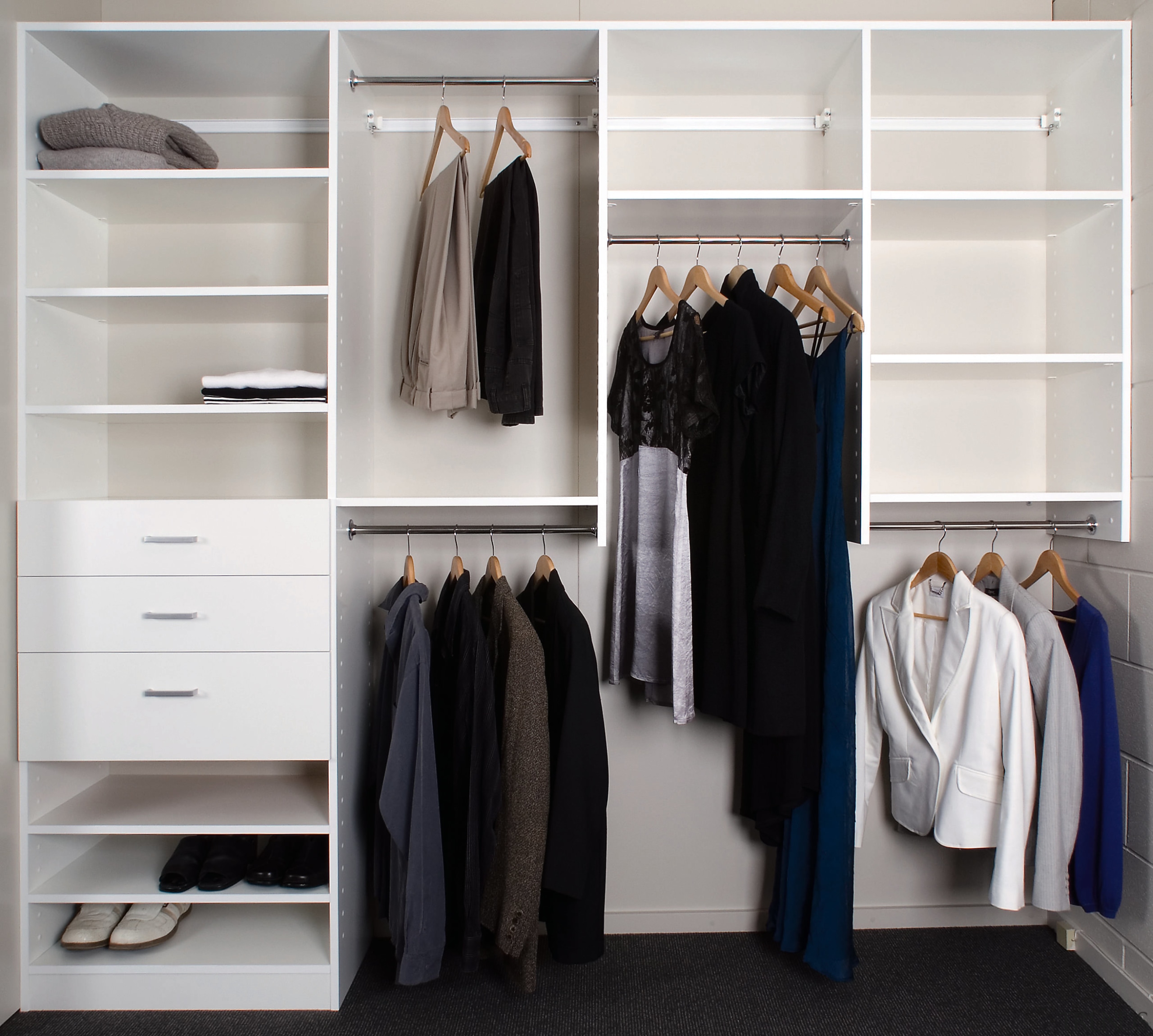 A view of this customised wardrobe supplied and boutique, closet, clothes hanger, furniture, room, shelf, wardrobe, gray