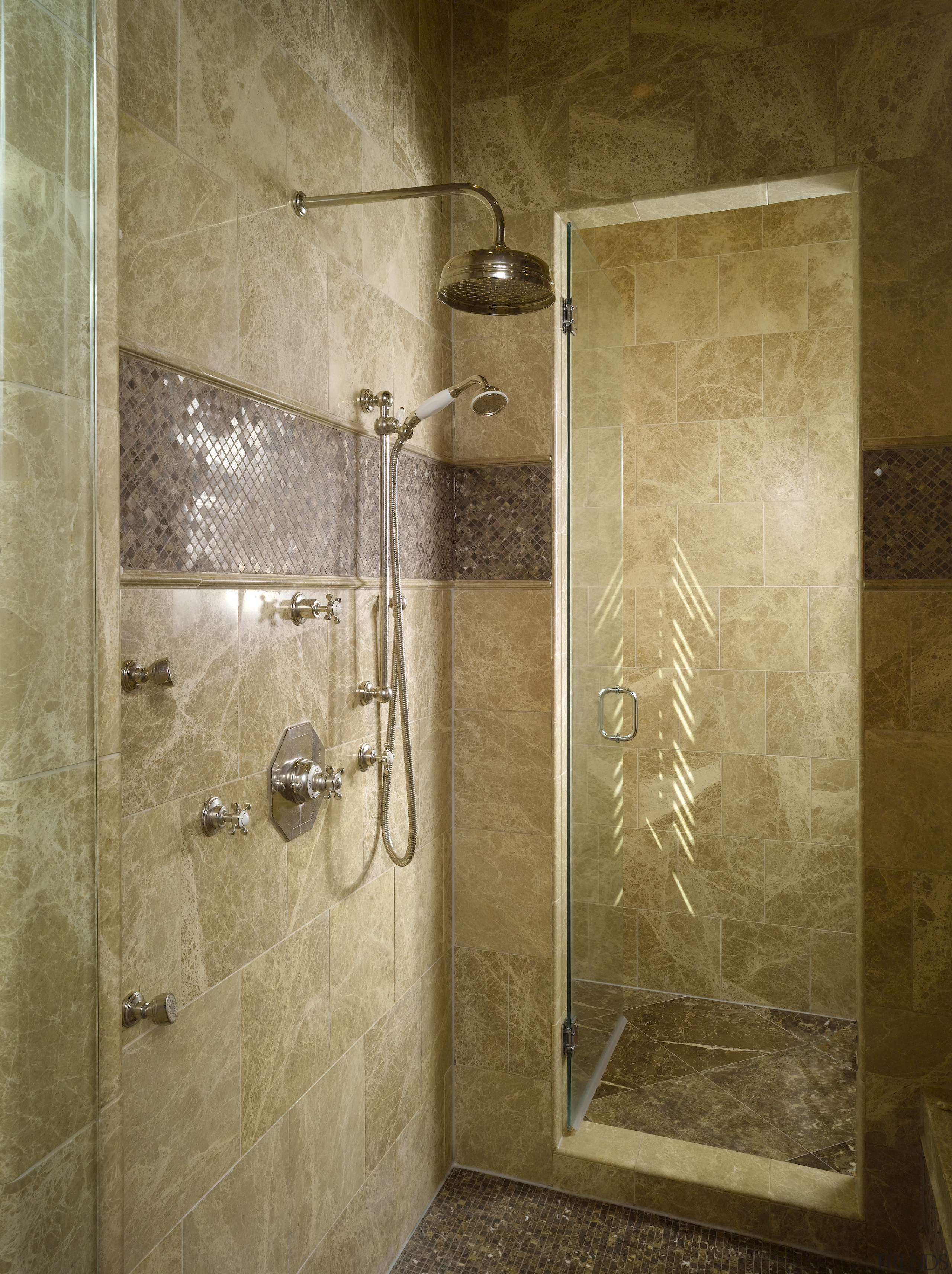 View of traditional bathroom - View of traditional bathroom, floor, glass, interior design, plumbing fixture, room, shower, tile, wall, brown, orange